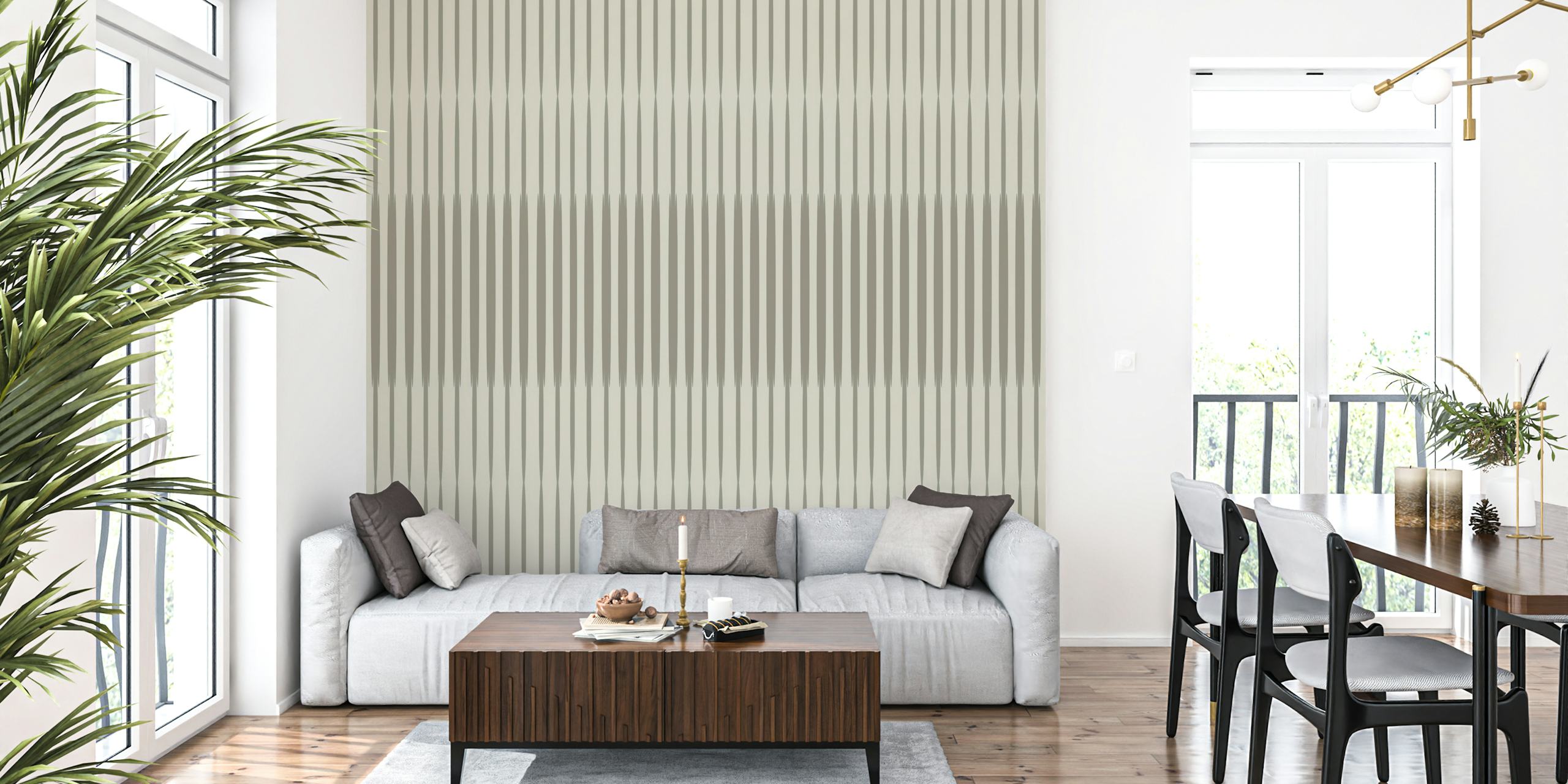 Vertical striped minimalist wallpaper in muted beige and gray tones