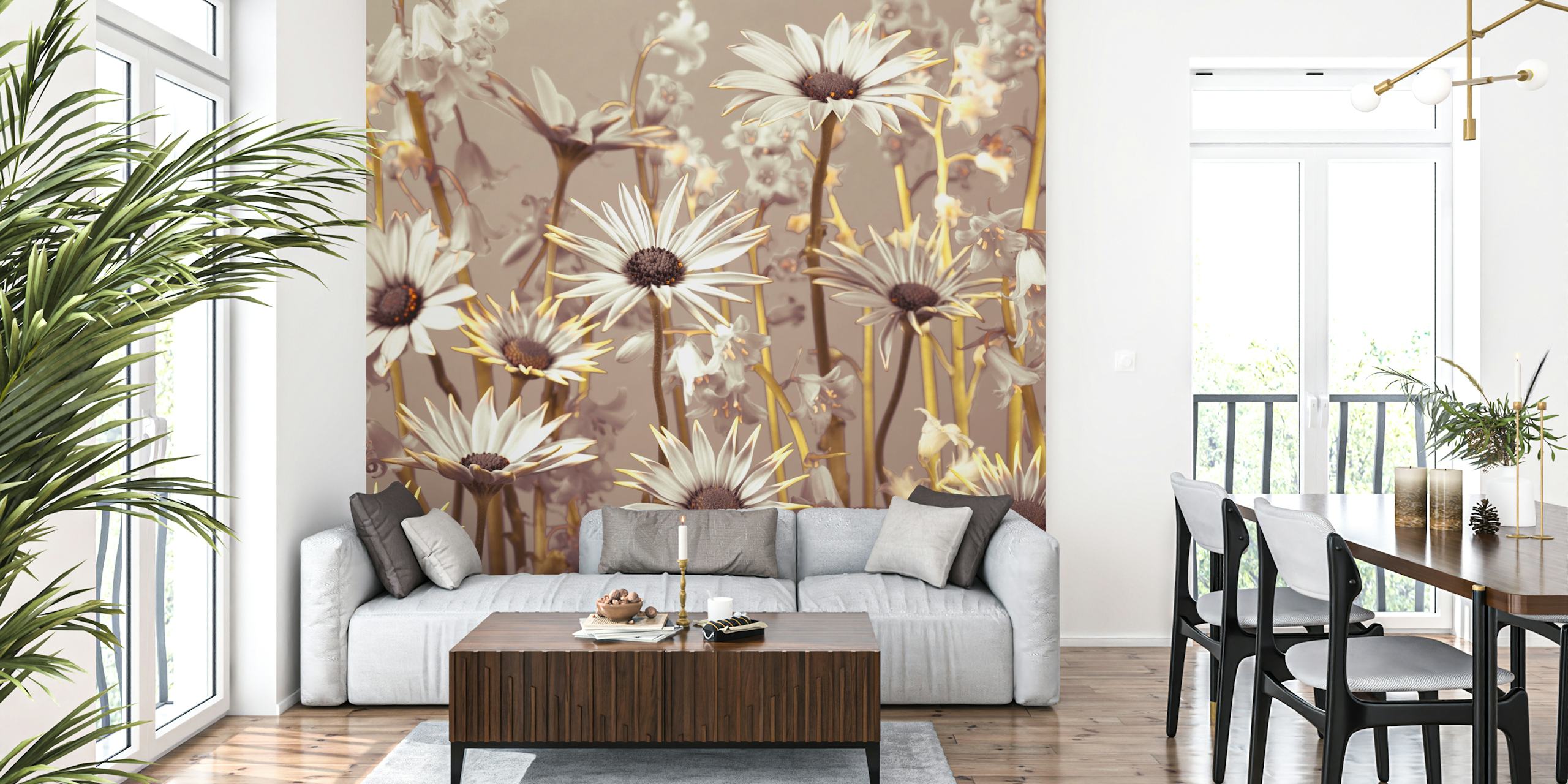 White flowers with grey background floral wallpaper