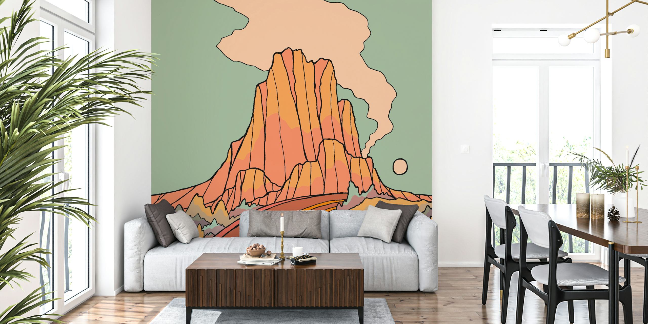 Stylized mountain landscape with a road and pastel colors wallpaper