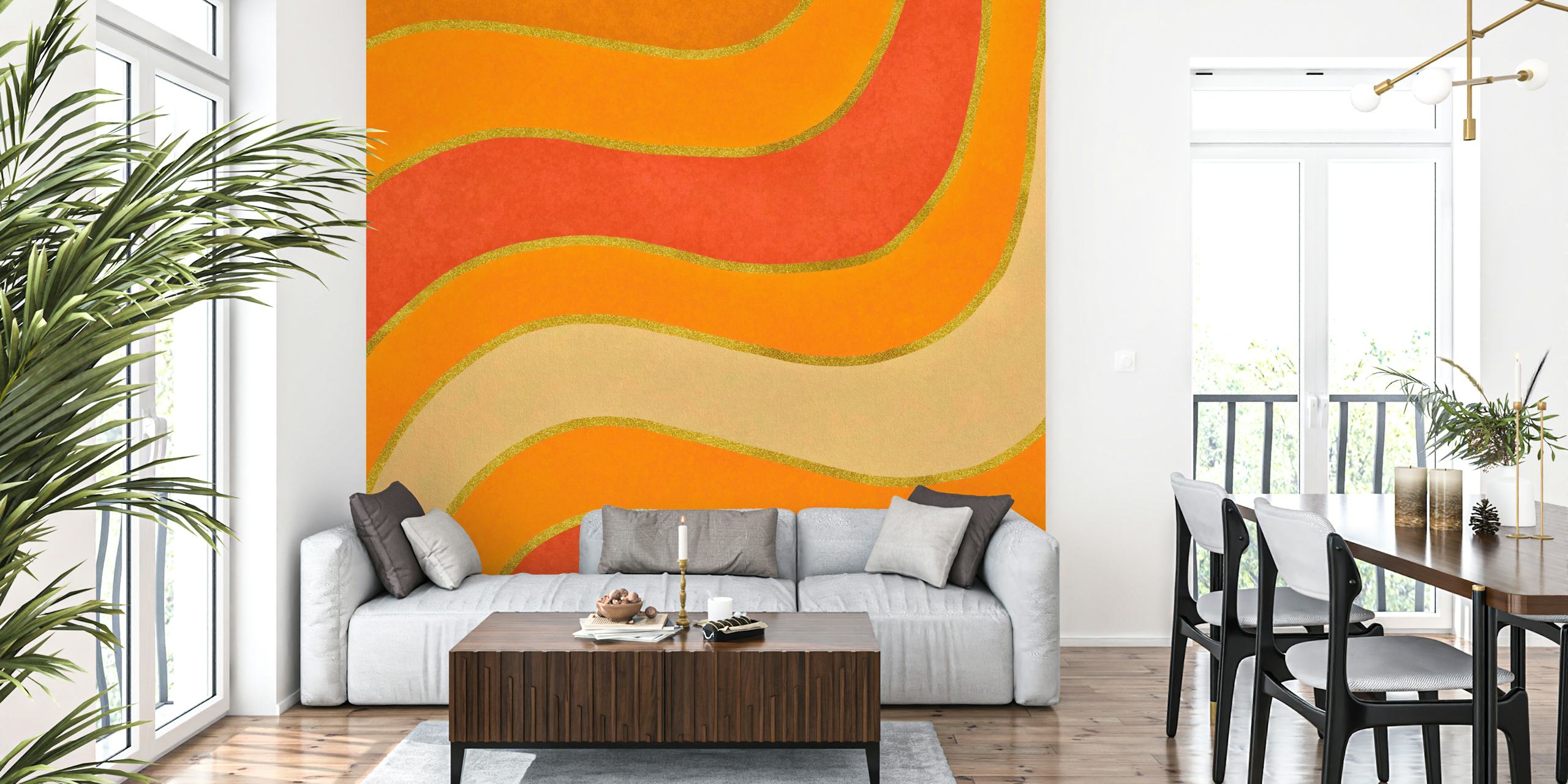Wavy orange and yellow patterns with gold accents wallpaper