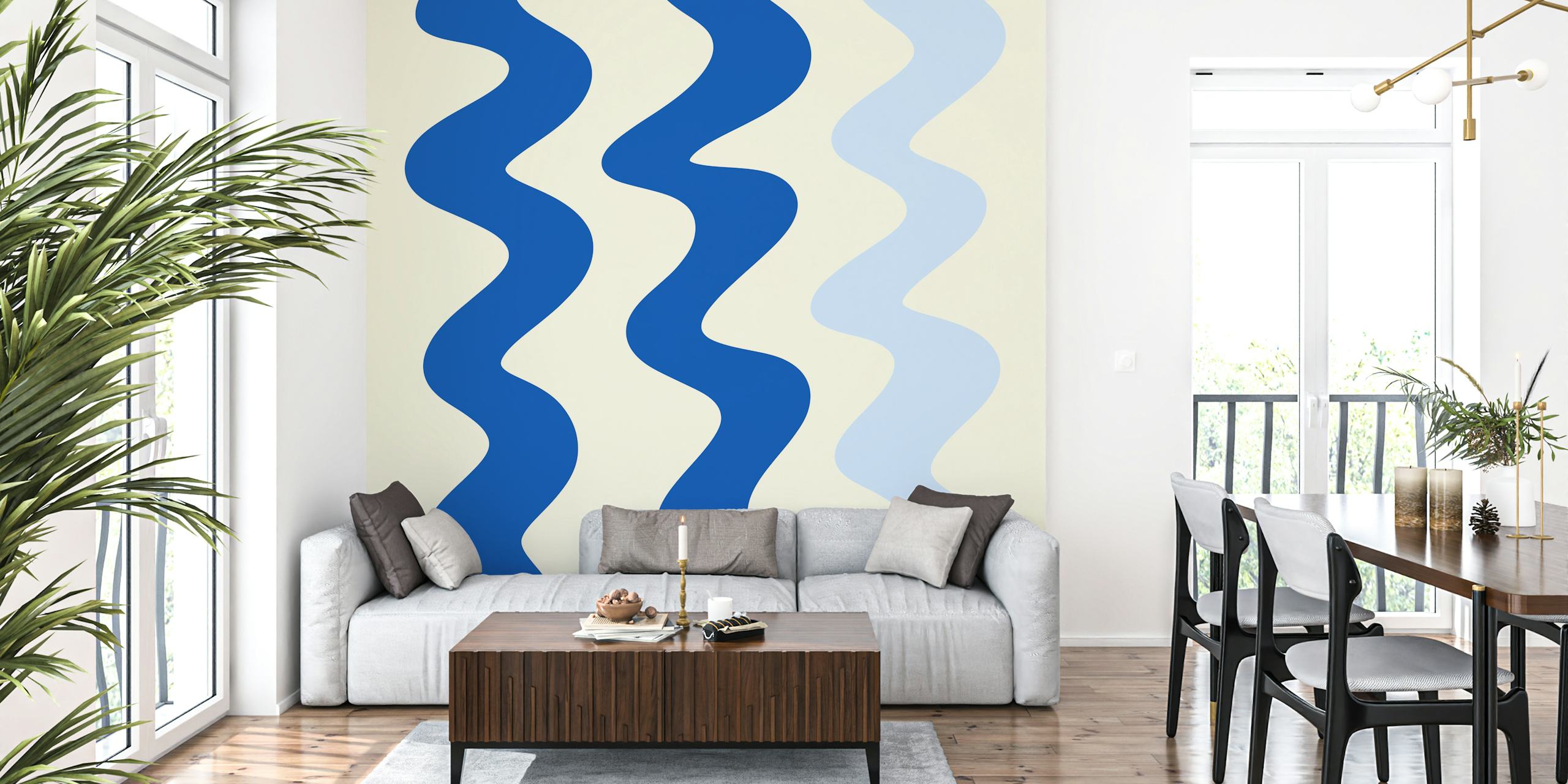 Blue wavy lines on a cream background wallpaper