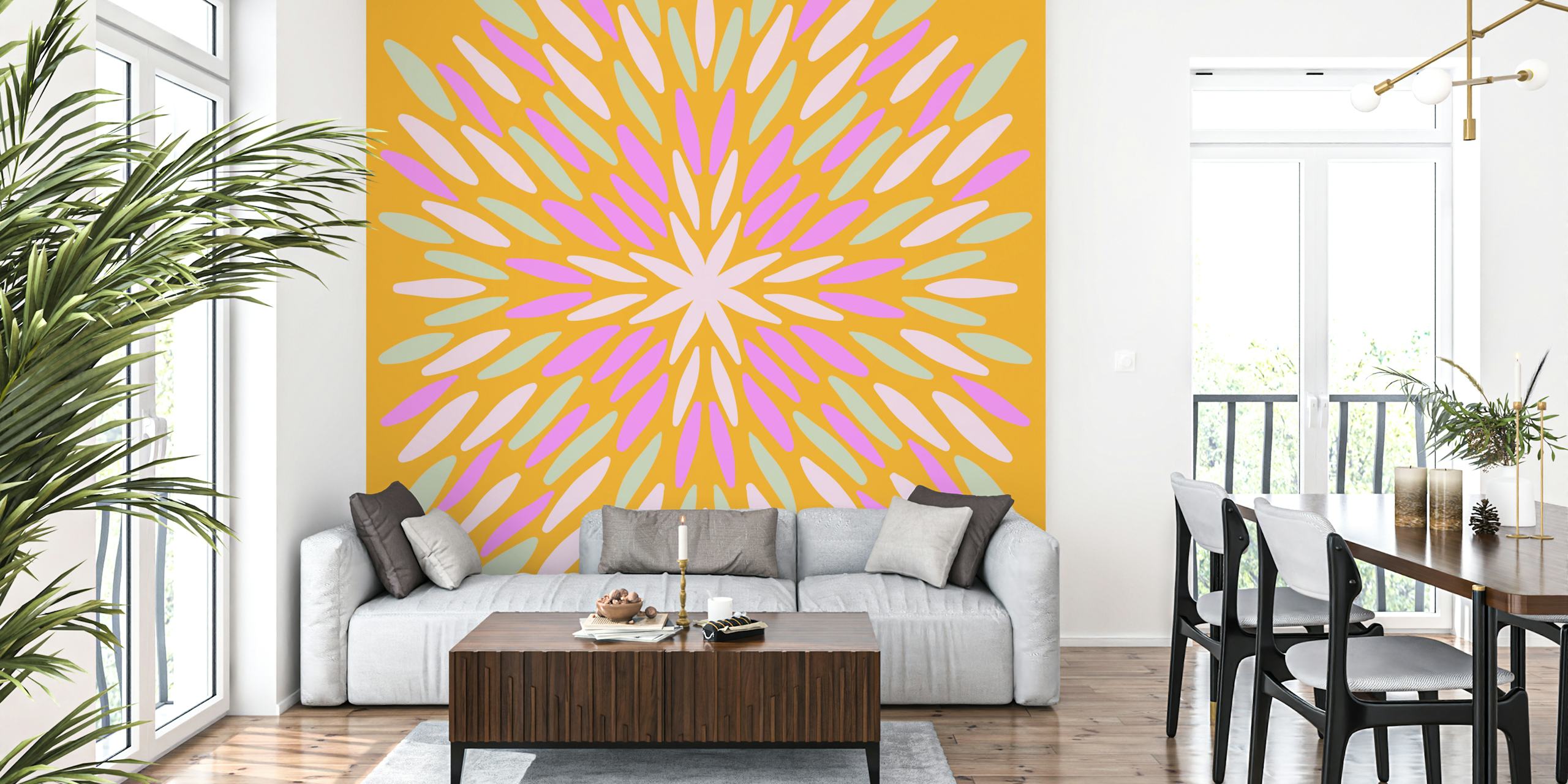 Colorful floral pattern in pink and orange on wallpaper