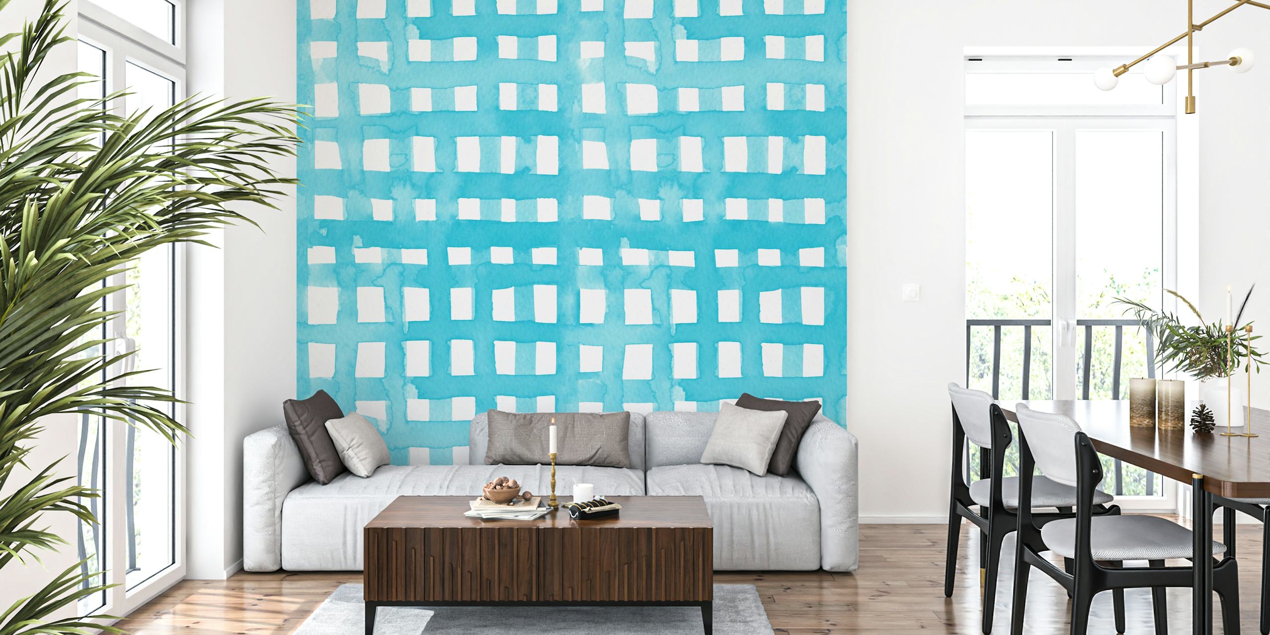 Pastel blue grid watercolor wallpaper displayed in a room