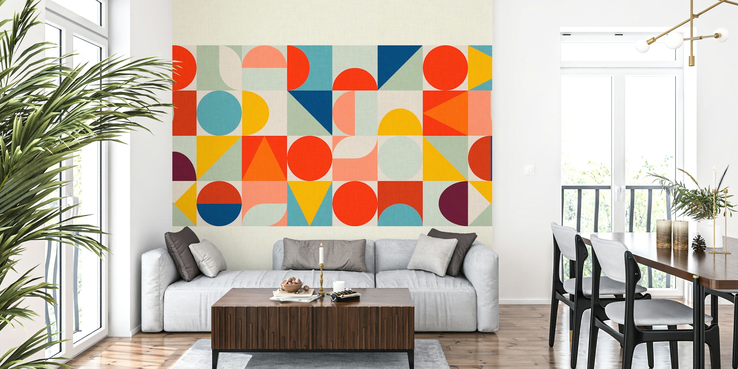 Colorful geometric shapes in red, blue, yellow, and green wallpaper