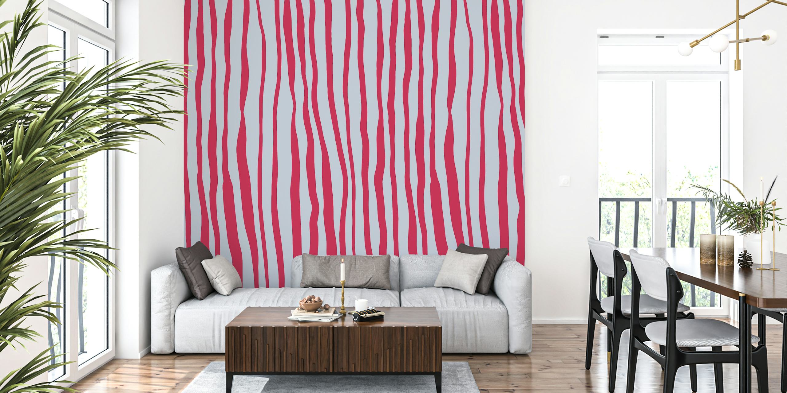 Vertical striped wallpaper in magenta and light gray colors