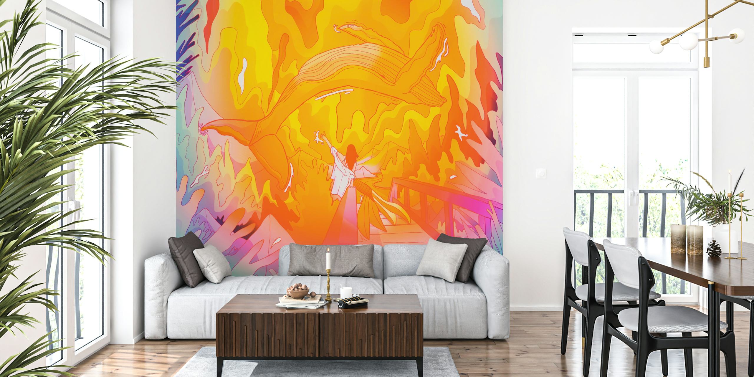 Ocean beach mermaid wallpaper in a colorful room