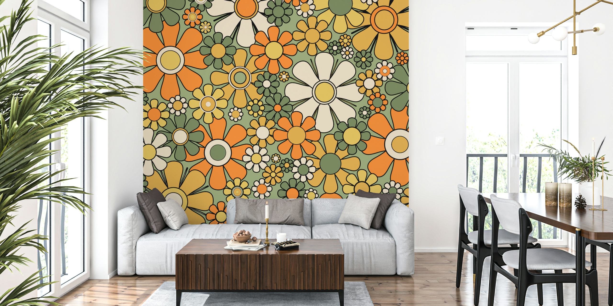 Colorful retro floral pattern in green and orange wallpaper