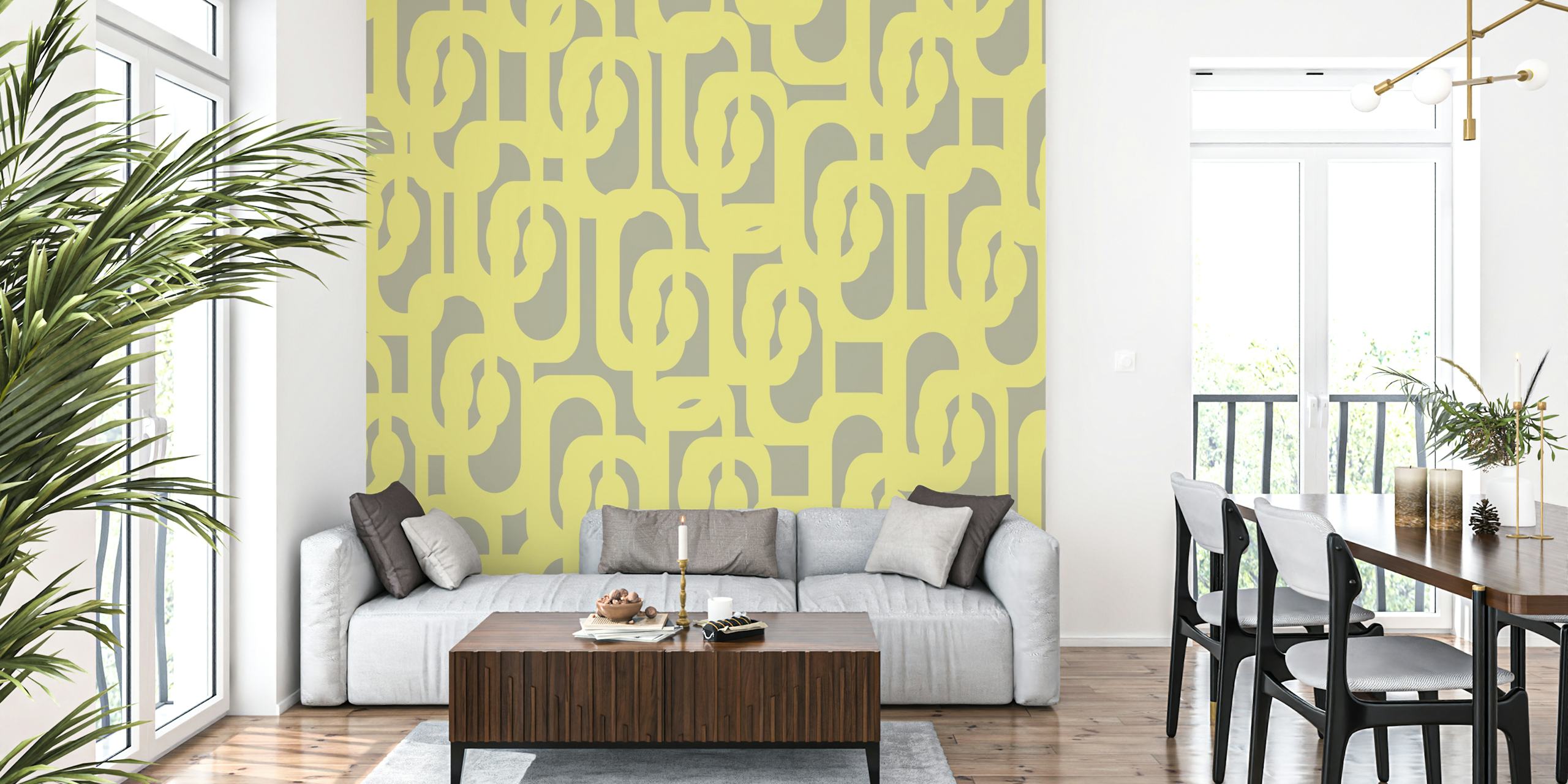 Geometric loops in yellow and gray wallpaper pattern