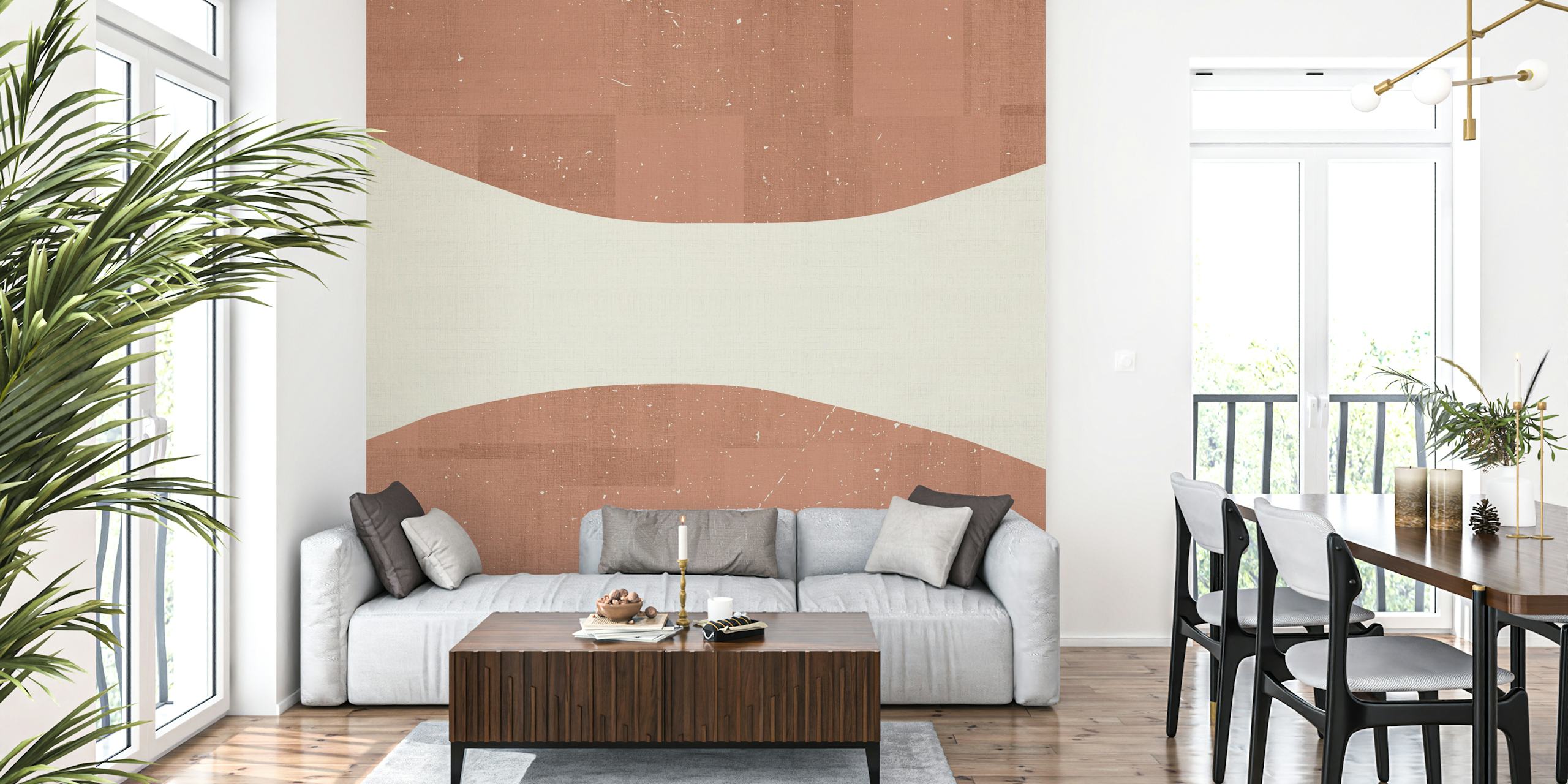 Curved white and sienna patterns with textured wallpaper