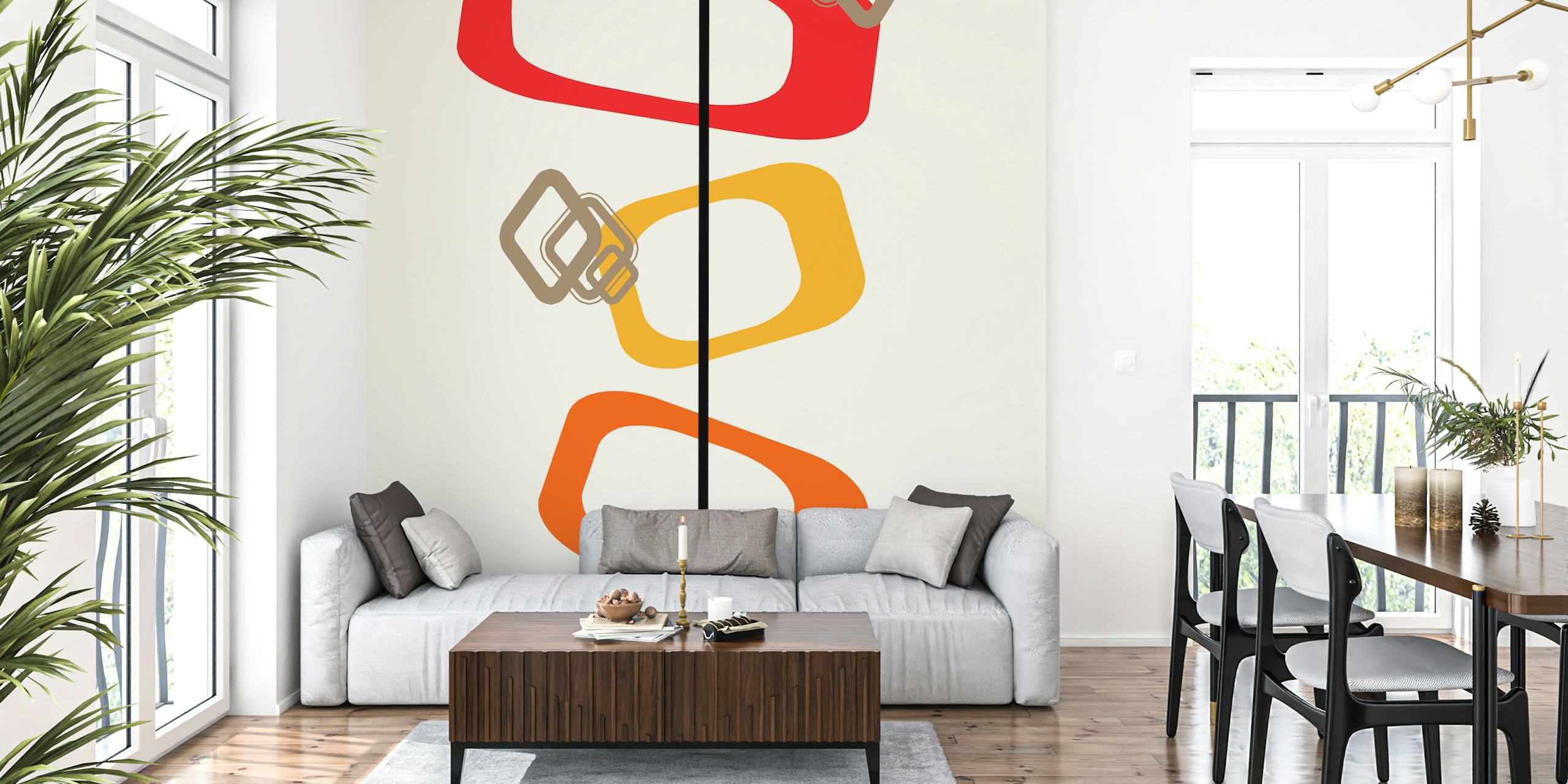 Mural de pared moderno de mediados de siglo con formas abstractas en rojo, dorado y naranja