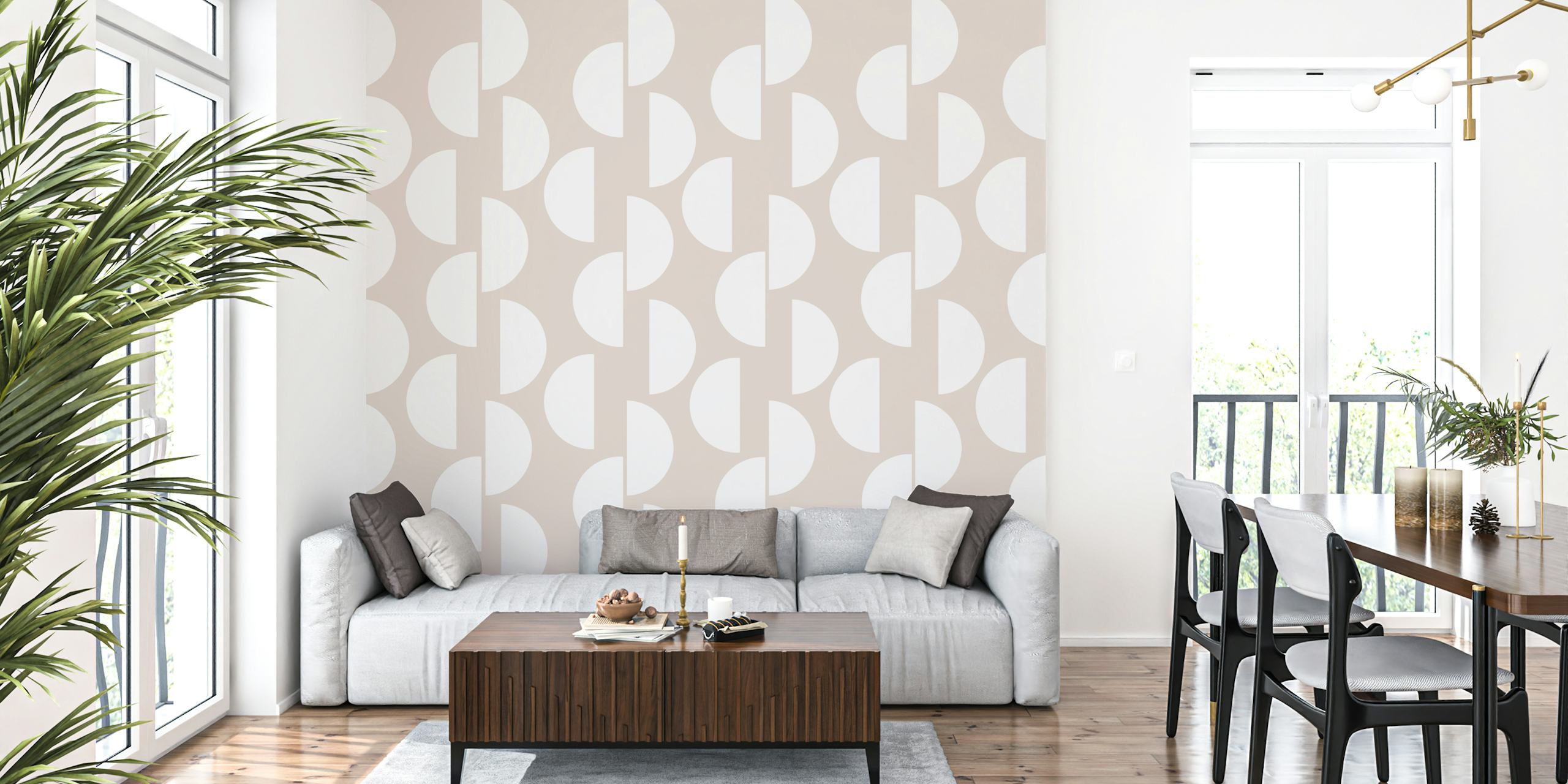 Mid Century Half Moon pattern in white on soft beige wallpaper