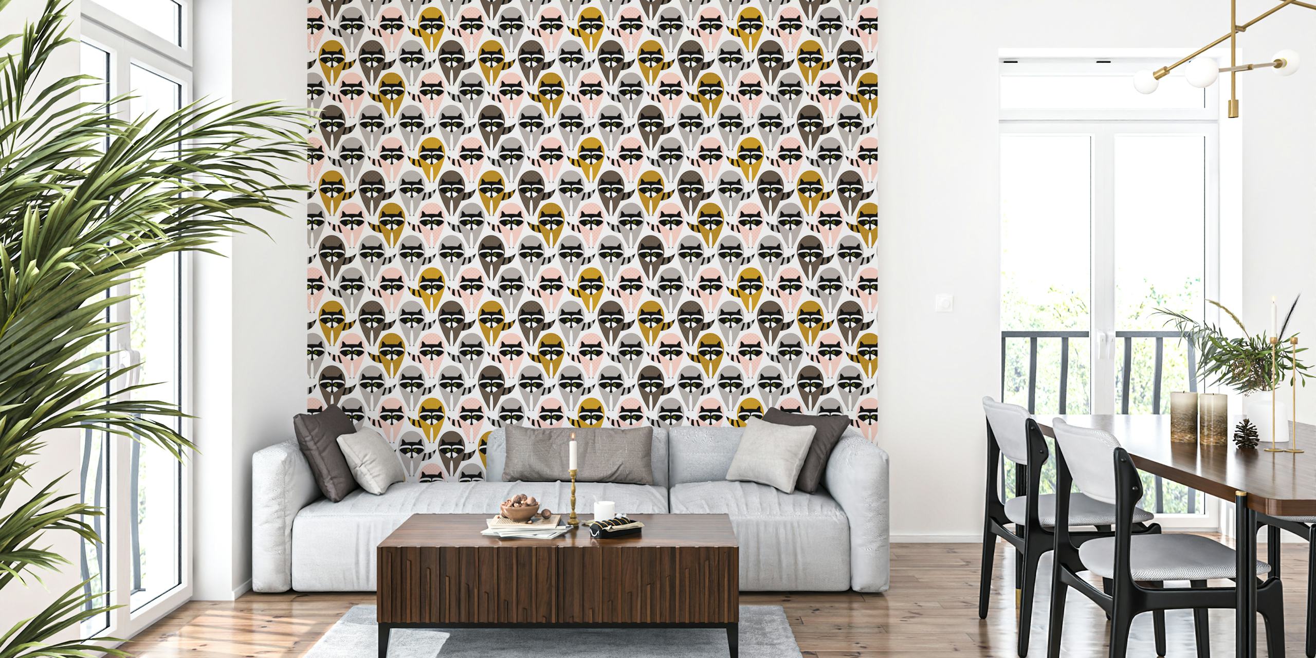 Raccoon face patterns in brown, gray, and pink on a light background wallpaper