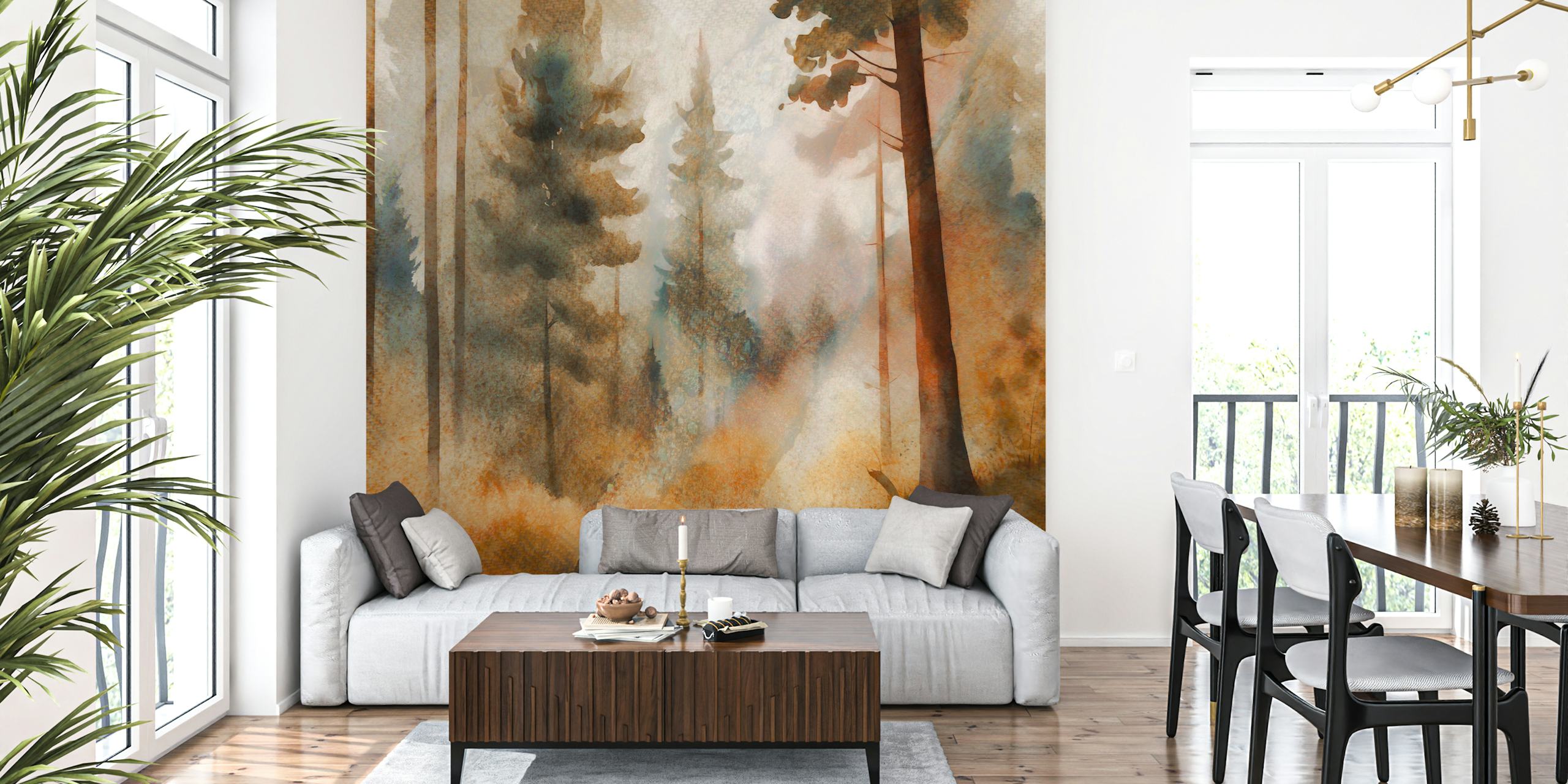 Misty forest wallpaper displayed in a room