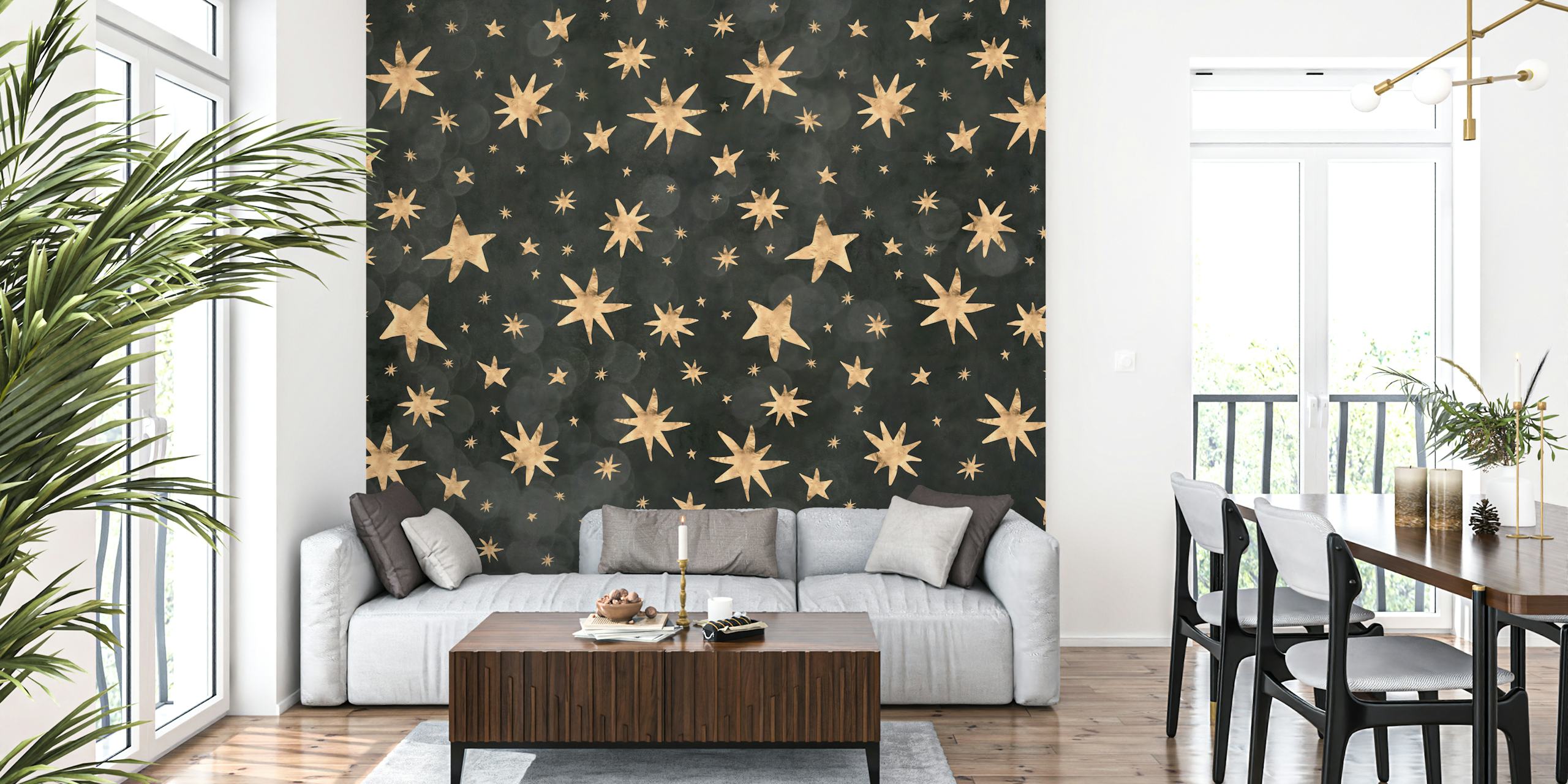 Gold star pattern on charcoal black background wallpaper