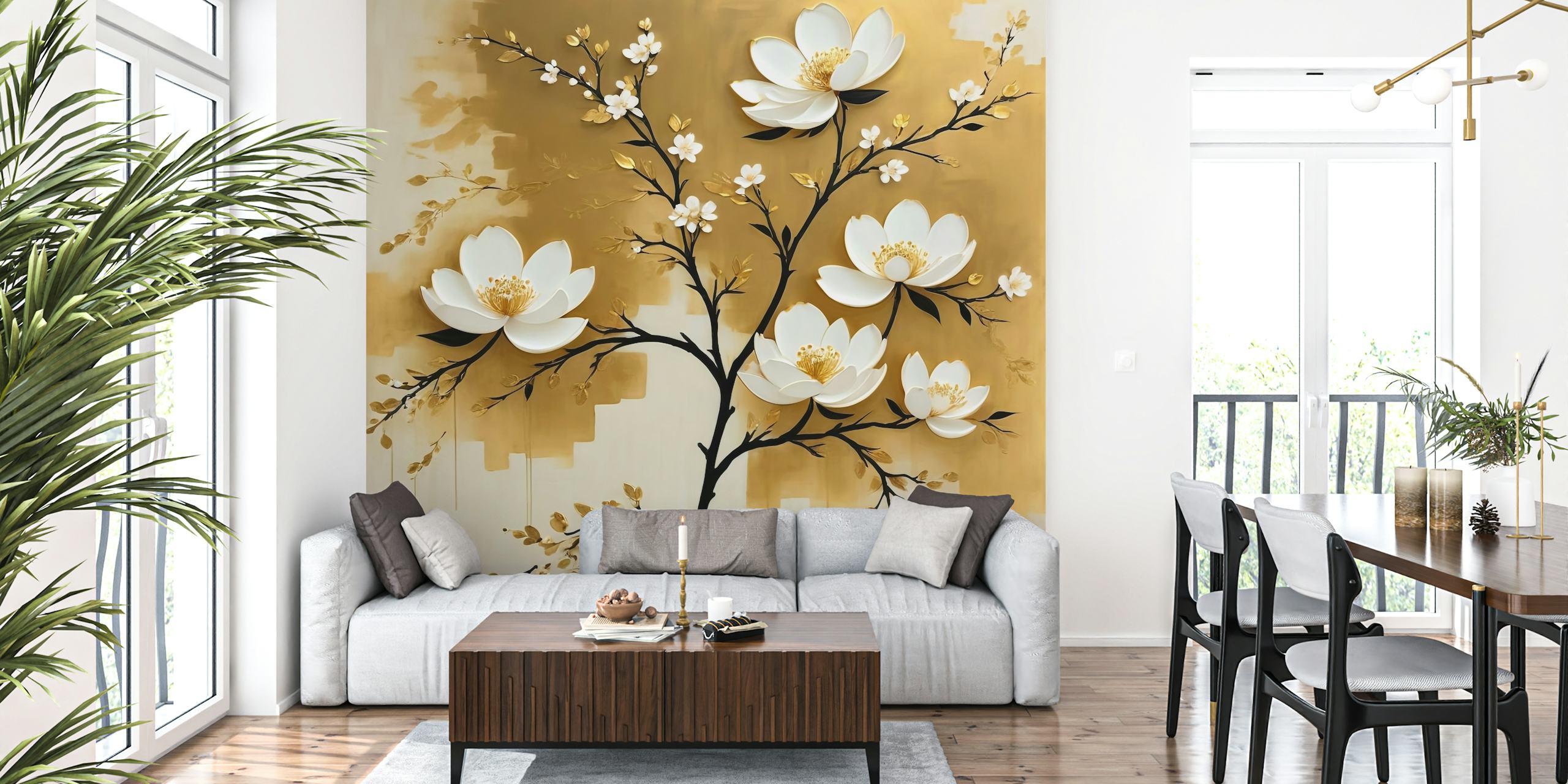 Gold floral design wallpaper with white flowers on branches