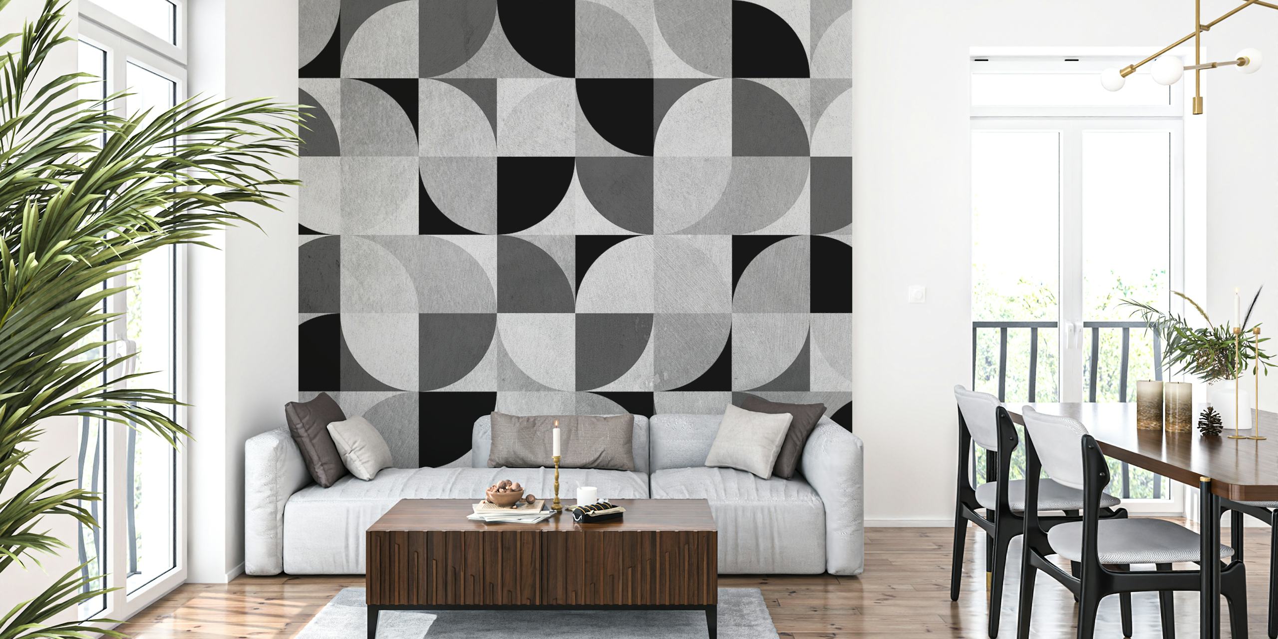 Geometric black and white pattern wallpaper with circular shapes