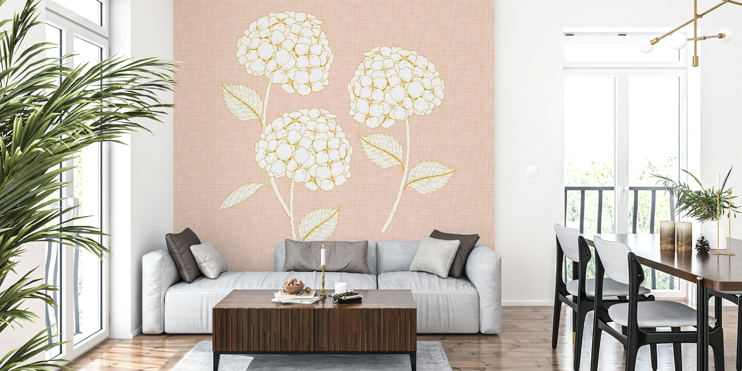 Papier peint Pastel Hydrangea présenté dans une pièce
