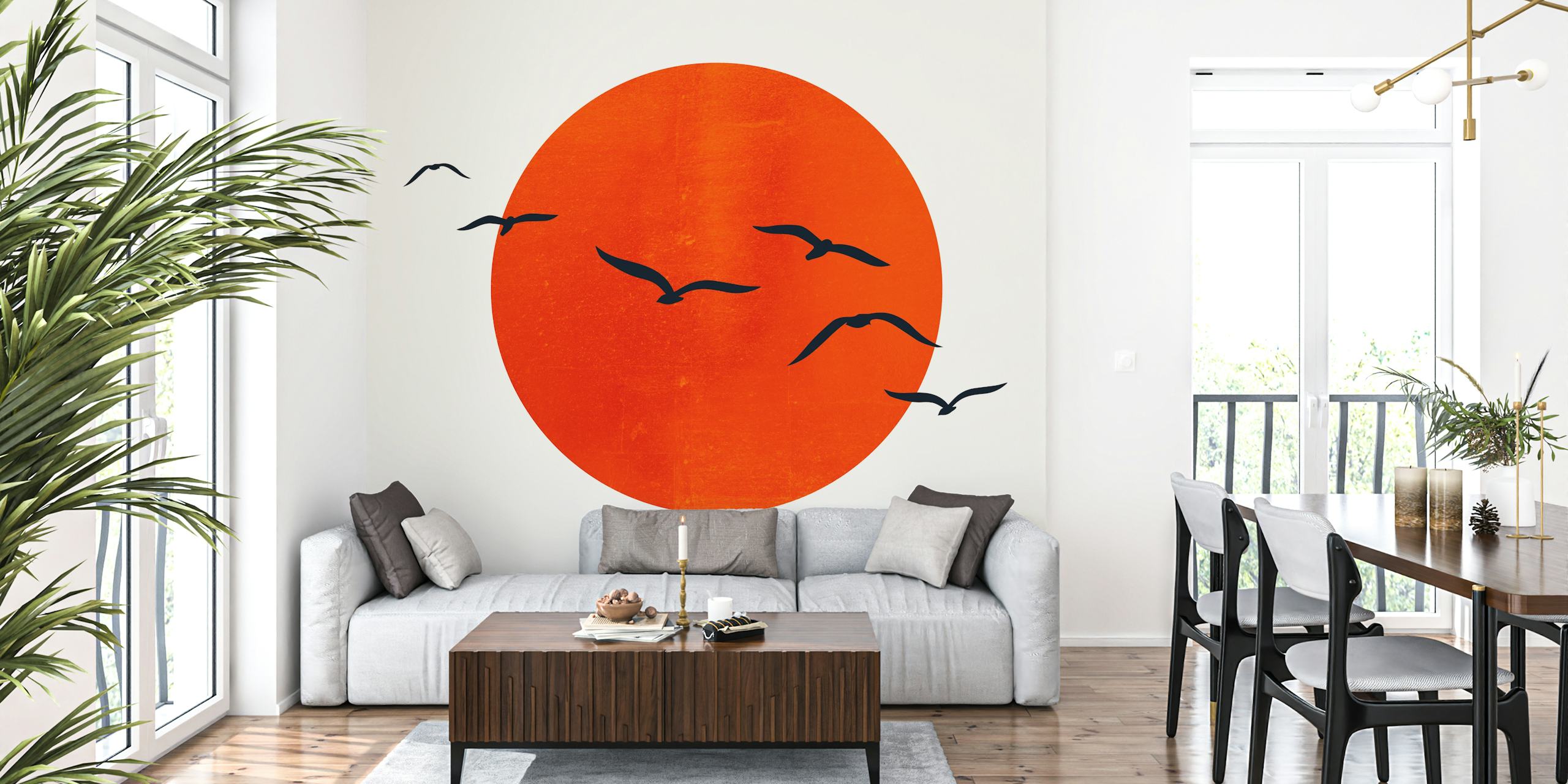 Silhouetted birds on sunset backdrop wallpaper