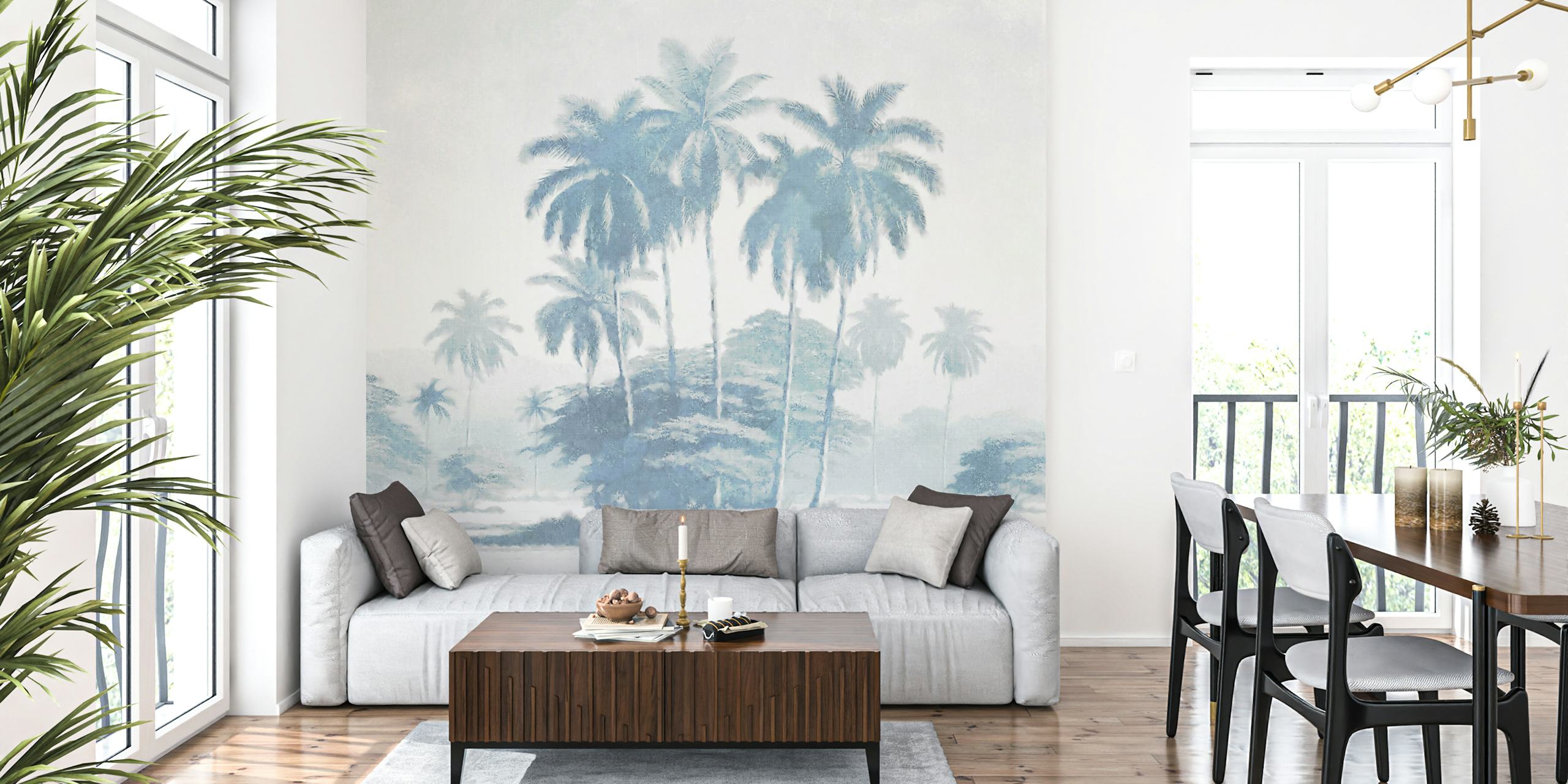 Vintage palm landscape wallpaper in soft blue tones, fine art style
