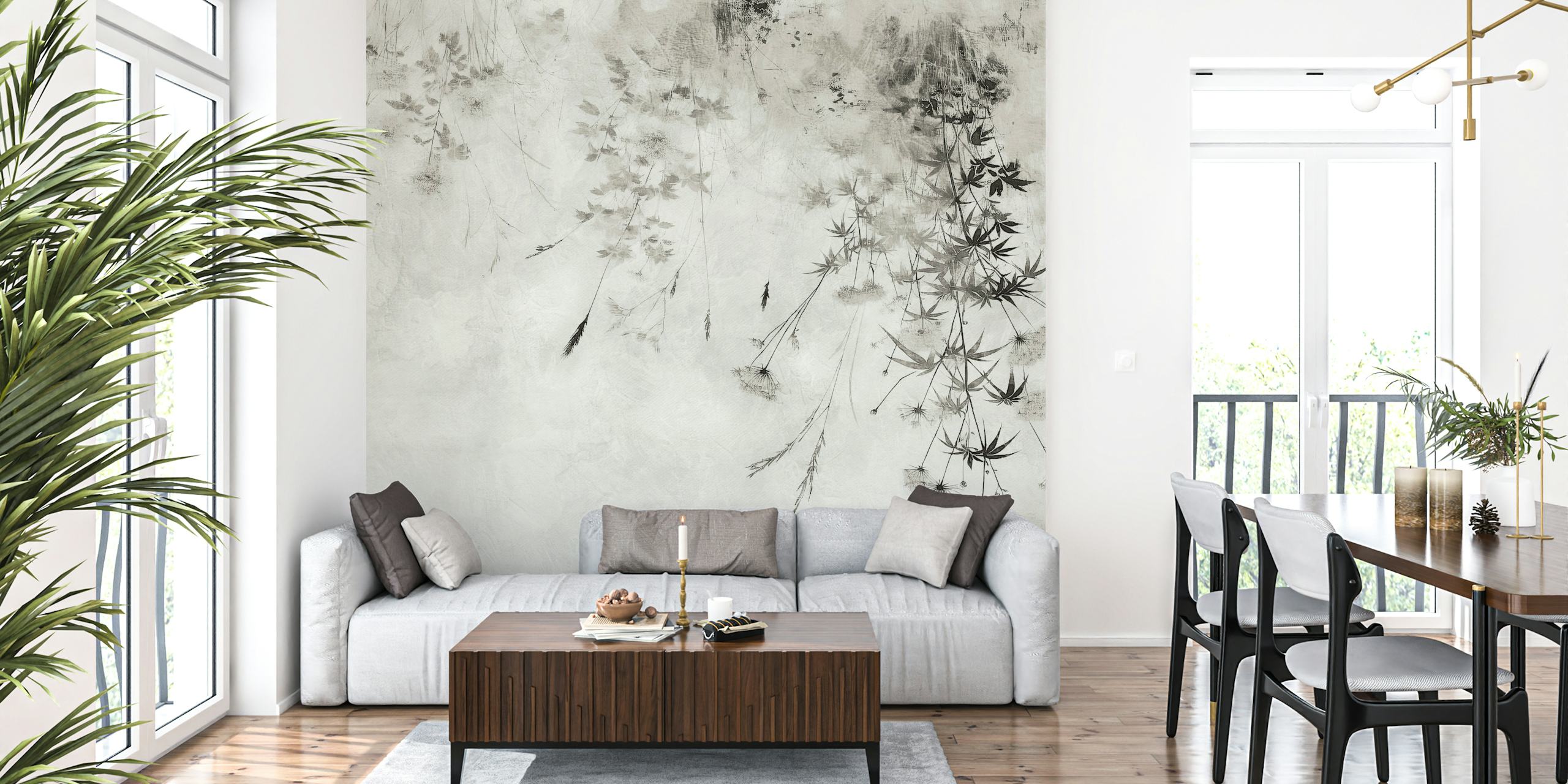 Black and white floral patterns with abstract shapes wallpaper