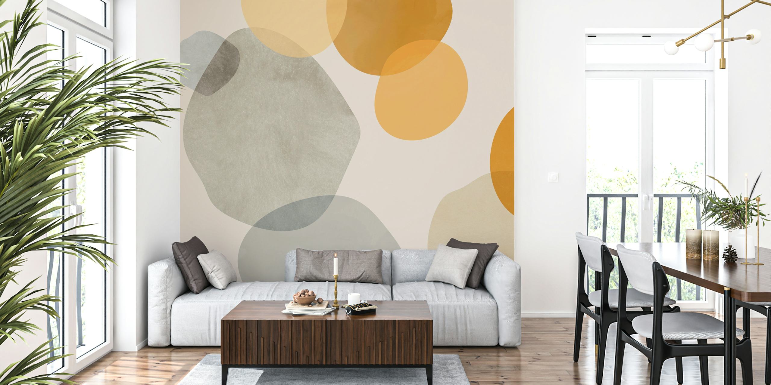 Muted curved shapes wallpaper in a room