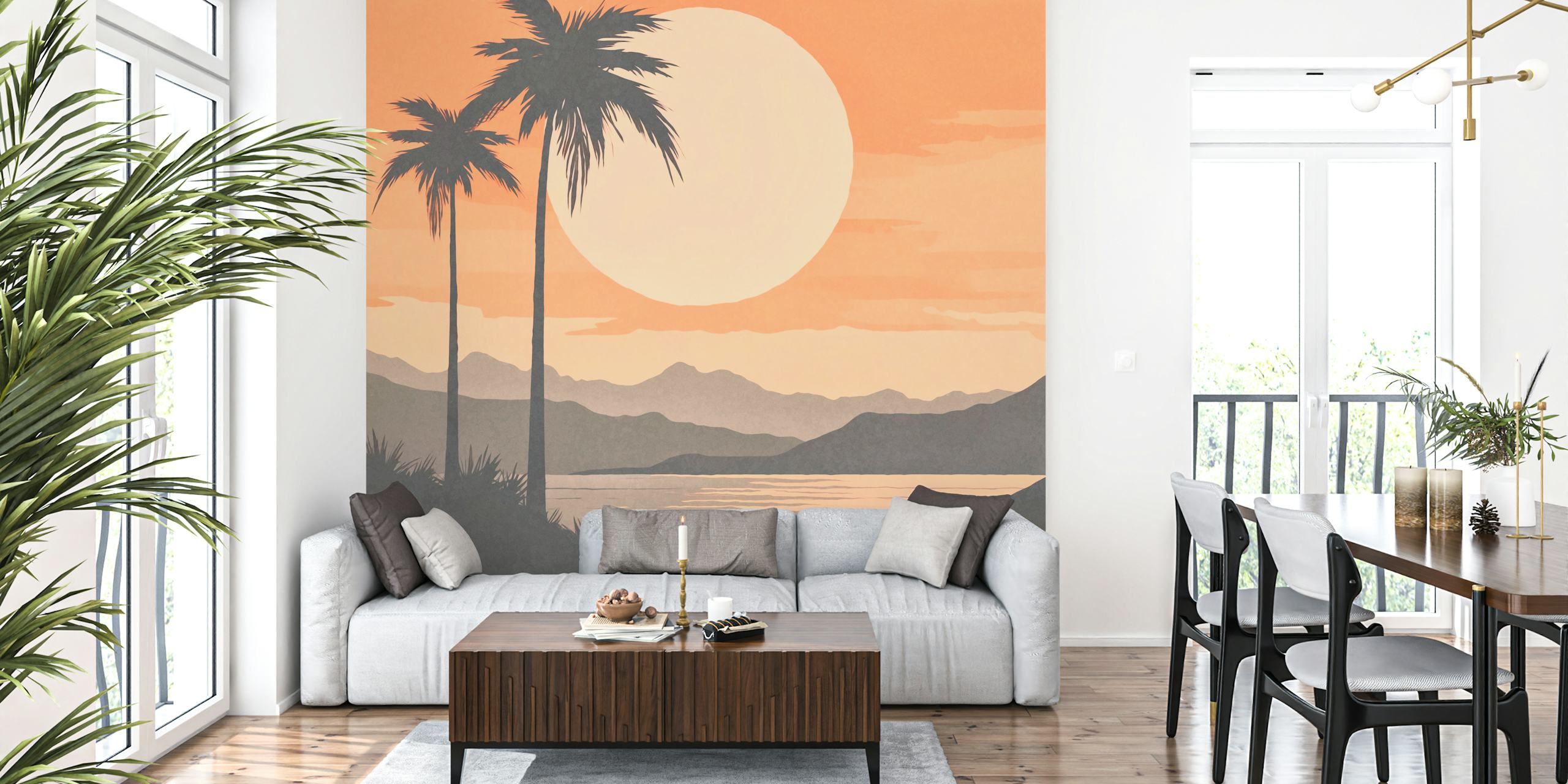 Tropical Island Sunrise Watercolor ταπετσαρία σε ένα δωμάτιο