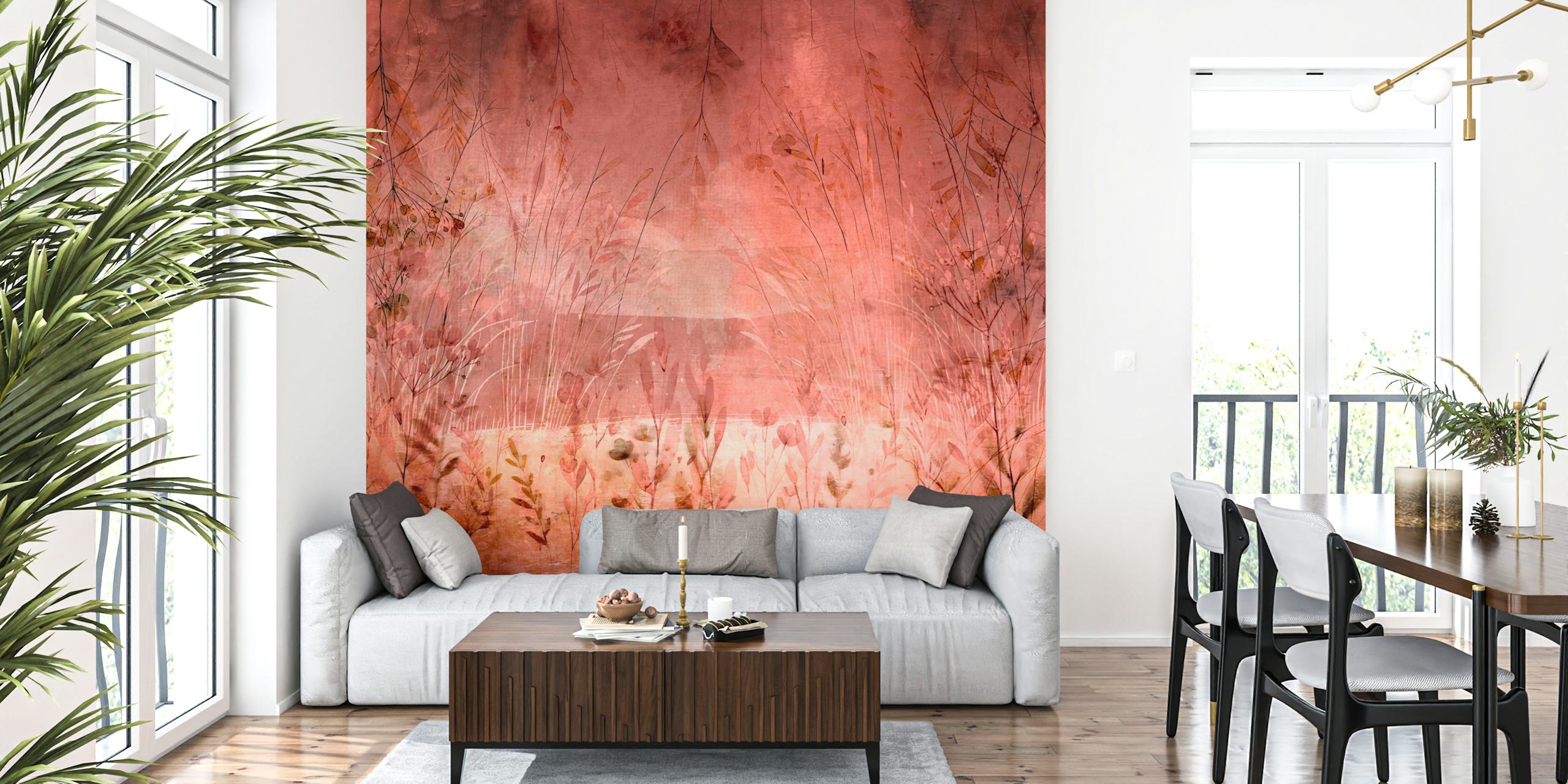 Blush pink floral watercolors wallpaper with soft green details