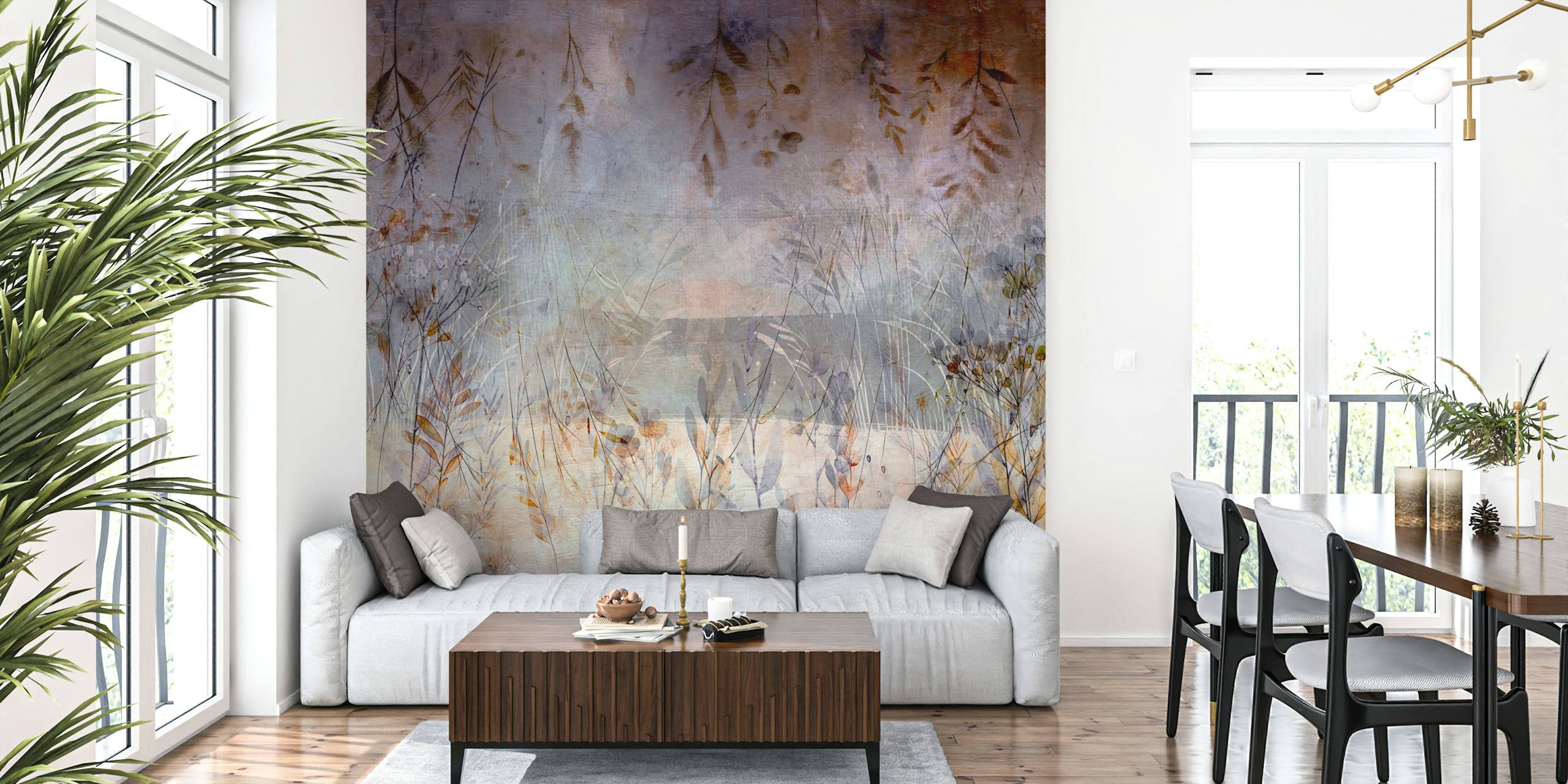 Muted botanical floral wallpaper with leaves and plants in soft tones