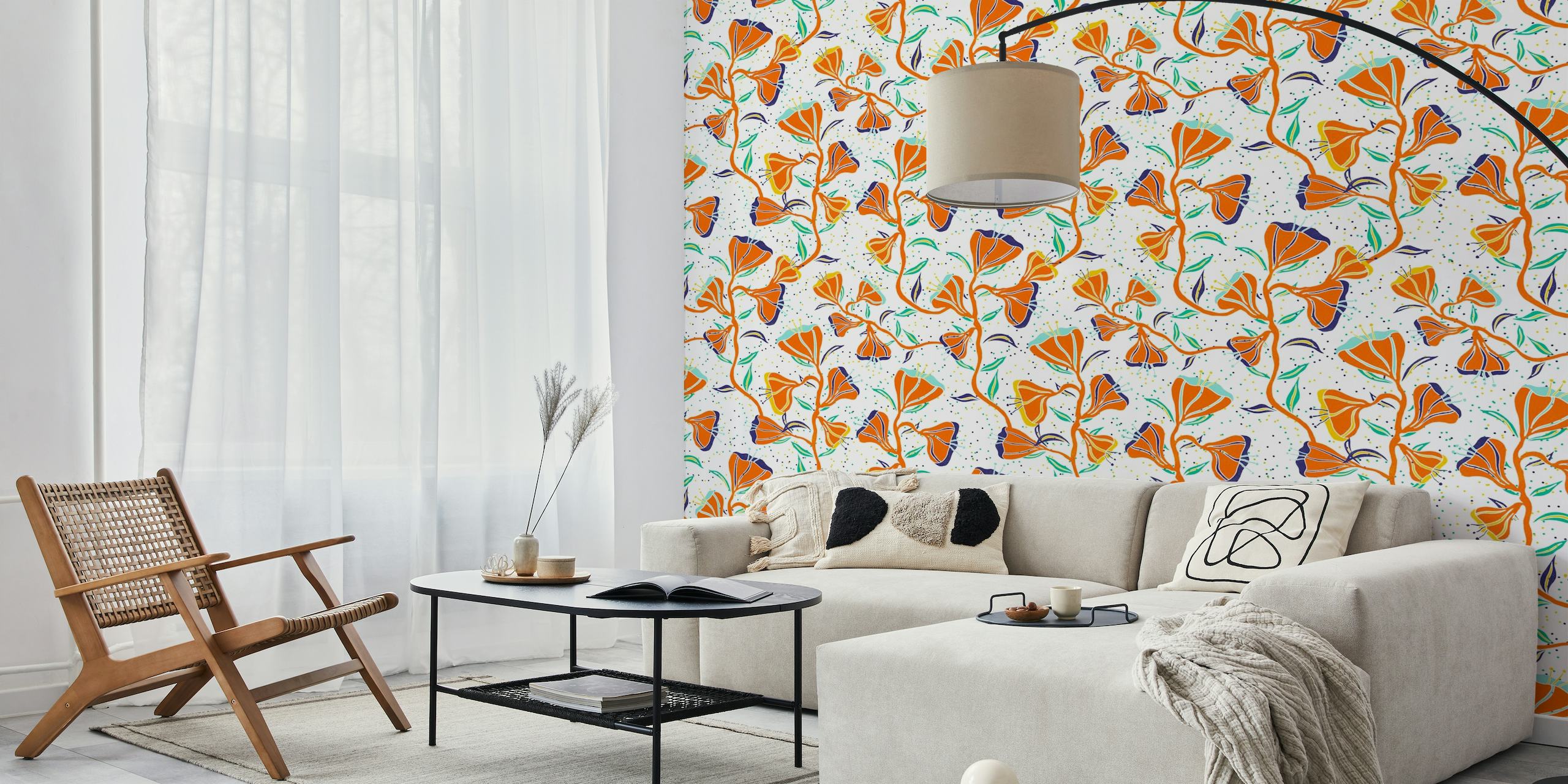 Fotomural vinílico de parede de flores silvestres de verão laranja com estética desenhada à mão em fundo branco
