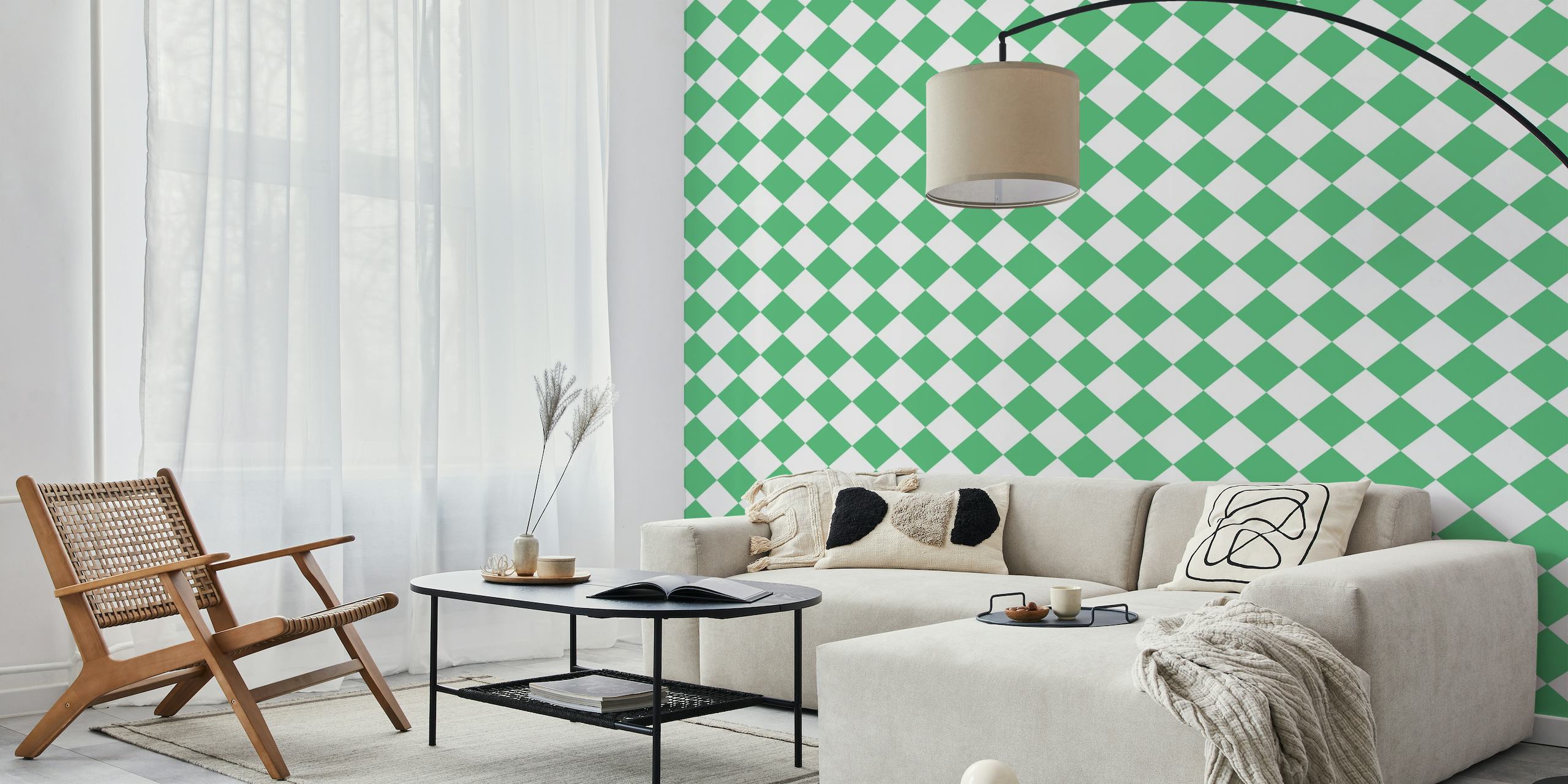 Diagonal Checkerboard Large - MintGreen White behang