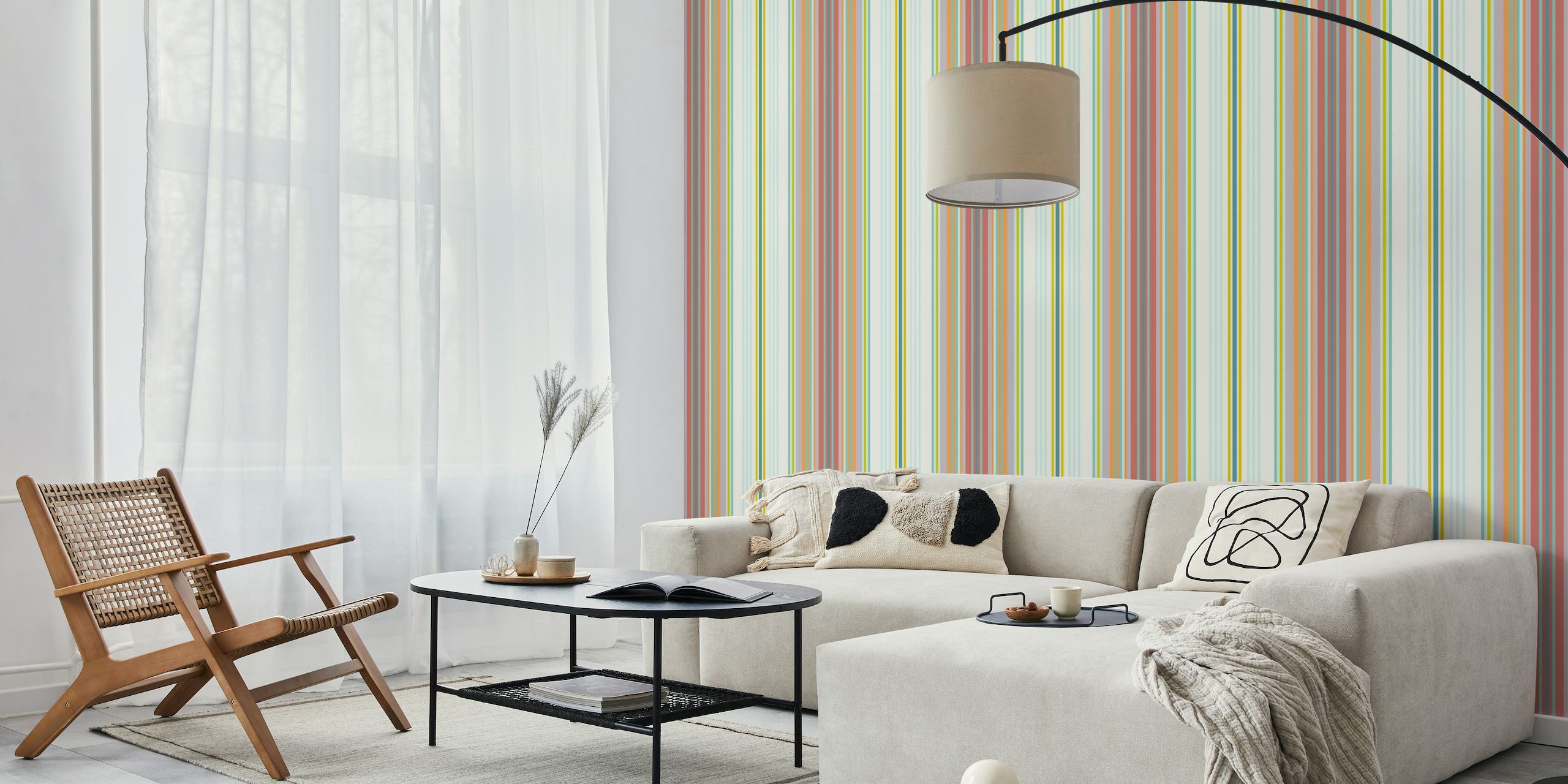 Retro-inspired 70s Striped Wallpaper in Blue, with mustard and neutral tones, depicting the spirit of the 1970s.