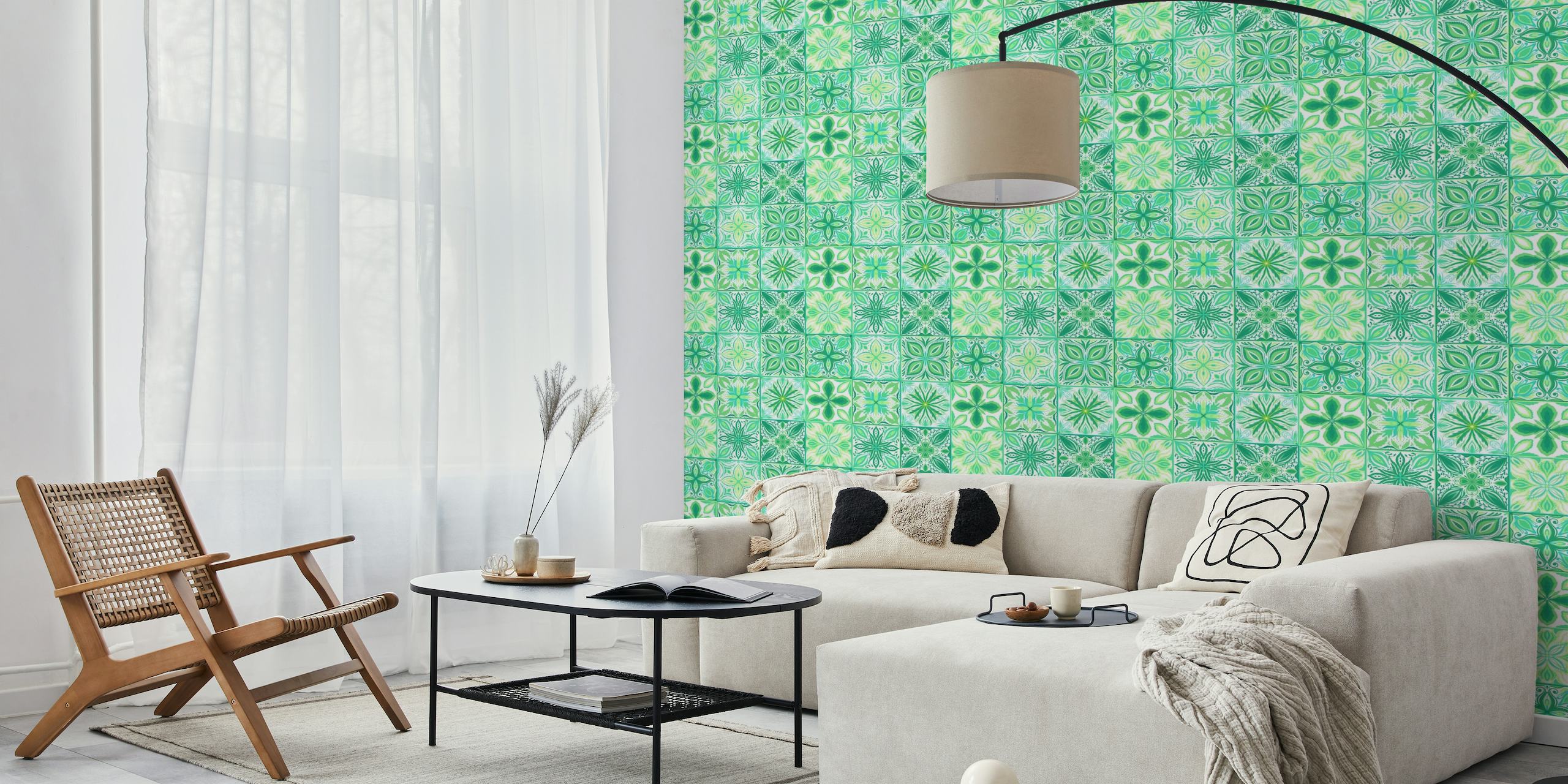 Ornate tiles in green and white wallpaper