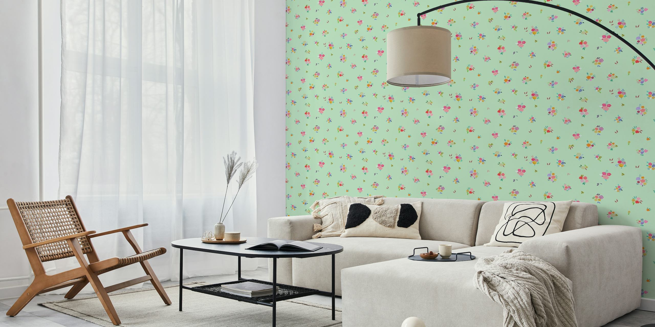 Pretty florals trend ditsy flowers green background wallpaper