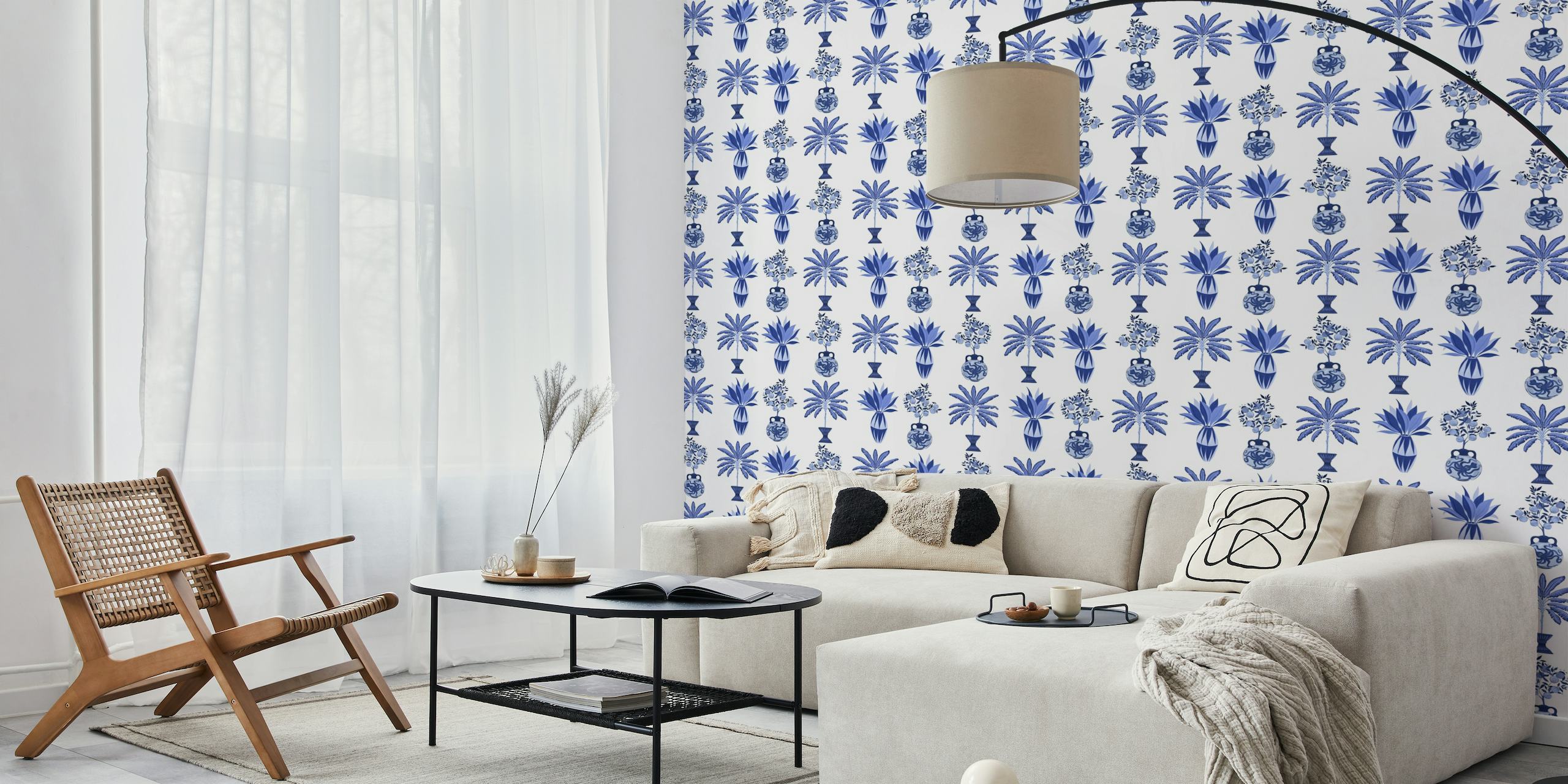 Fototapete mit blauen und weißen mediterranen Vasen und botanischen Motiven