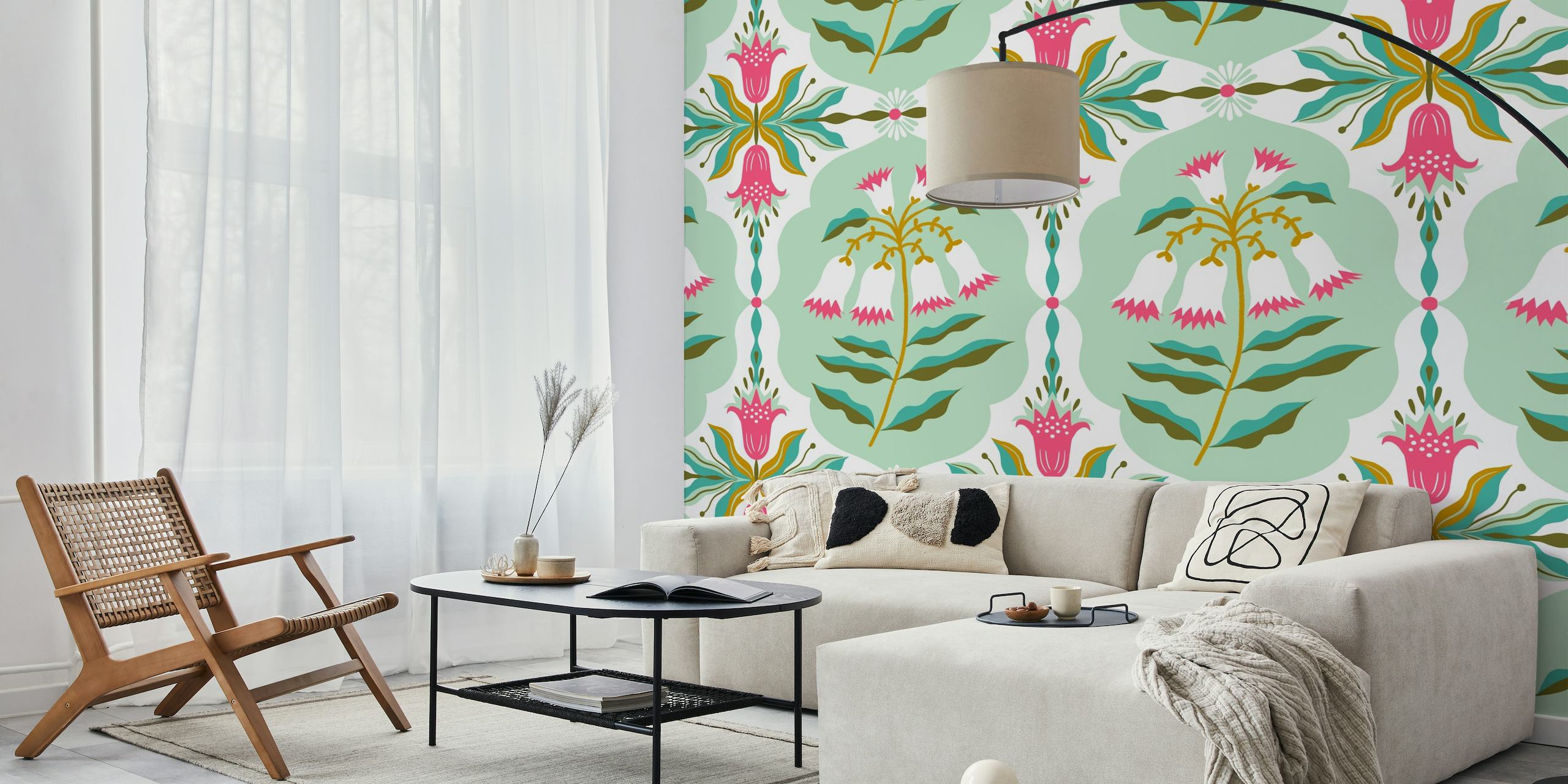 Elegant klokkeblomst damask mønster med mint og hvid farveskema vægmaleri