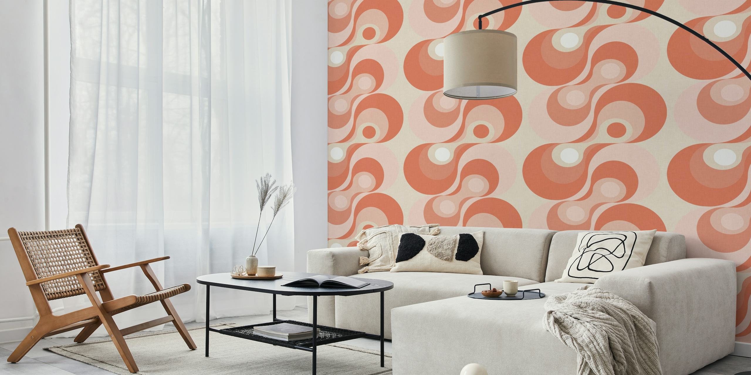 Mid-century modern style wall mural featuring curves and swirls in a warm color scheme
