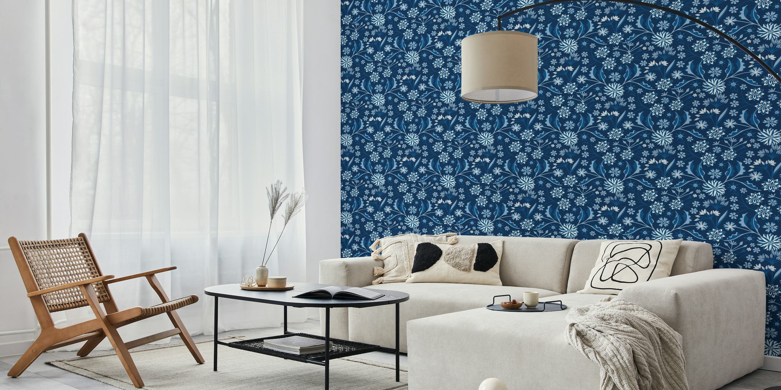 Mural de parede botânico floral indiano JAIPUR em azul índigo com padrões florais intrincados