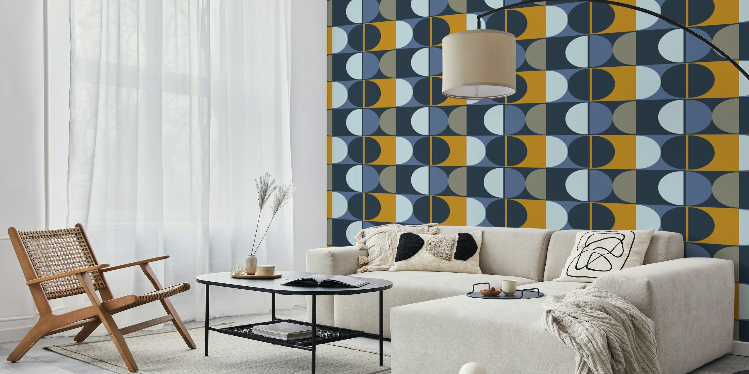 Abstract geometrisch fotobehang met marineblauw, taupe en mosterdgeel kleurenschema geïnspireerd op bossa nova
