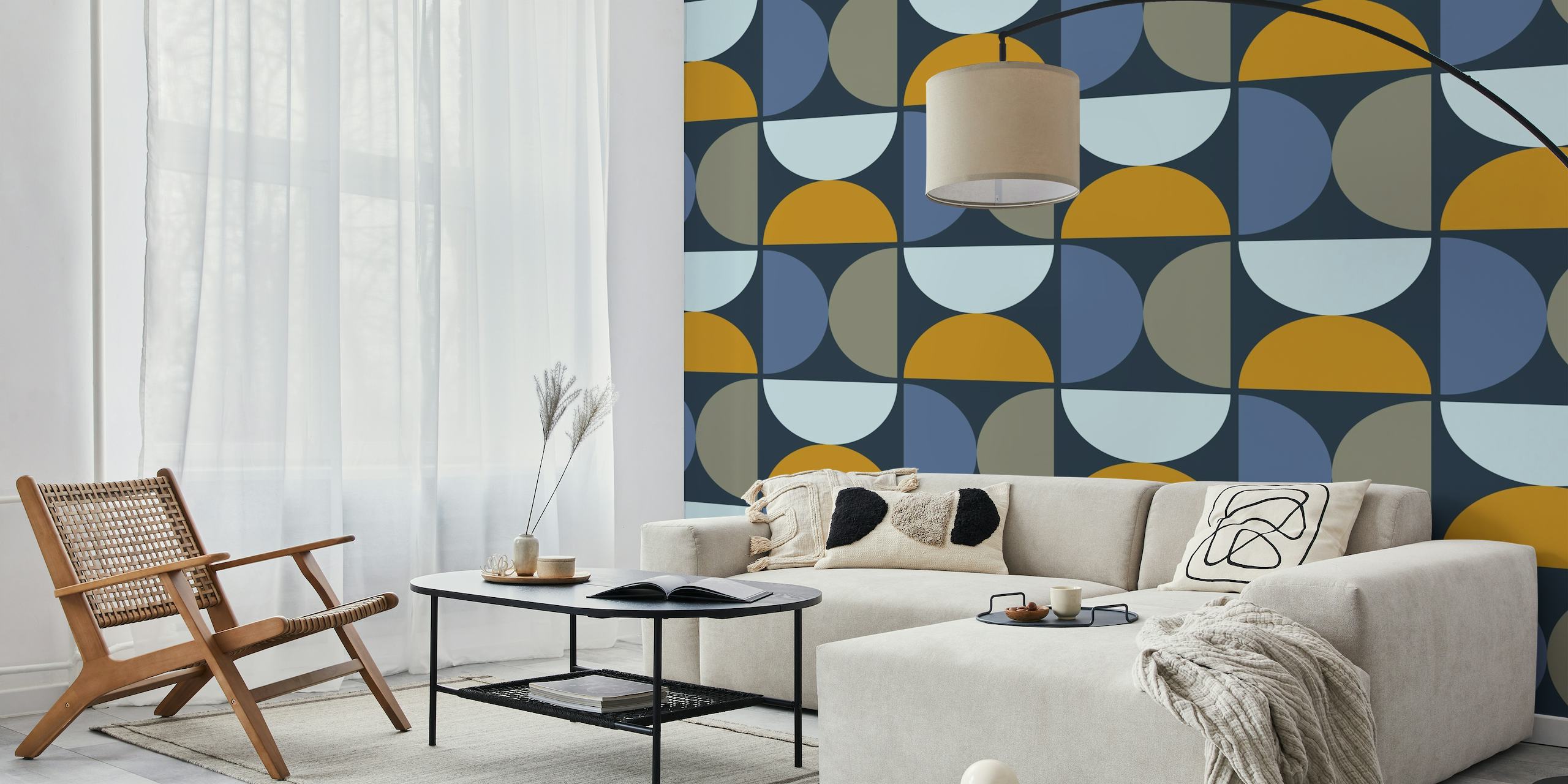 Abstracte halfronde patronen in blauwe, grijze en bruine tinten met de titel 'Semicircles 1 - Bossa Nova' voor muurschilderingdecoratie.