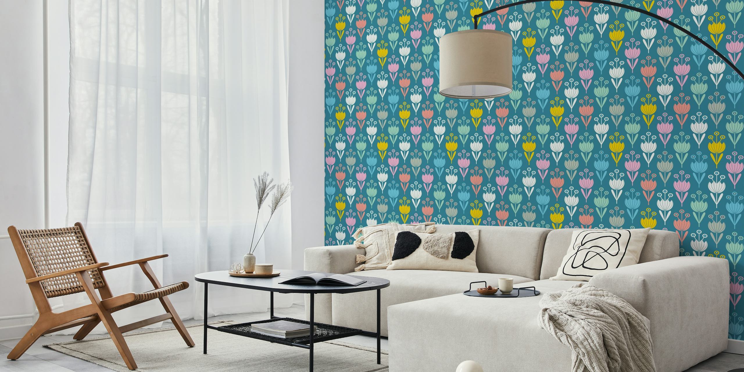 Stylized pastel tulips on a teal background wall mural