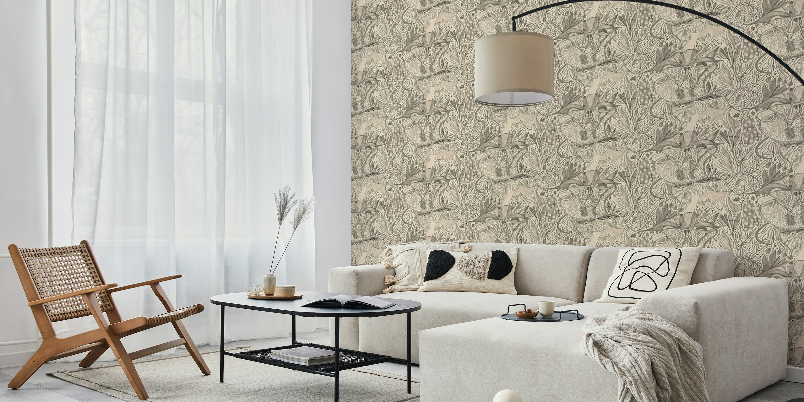 Meyes wall mural with botanical and wildlife pattern in beige tones