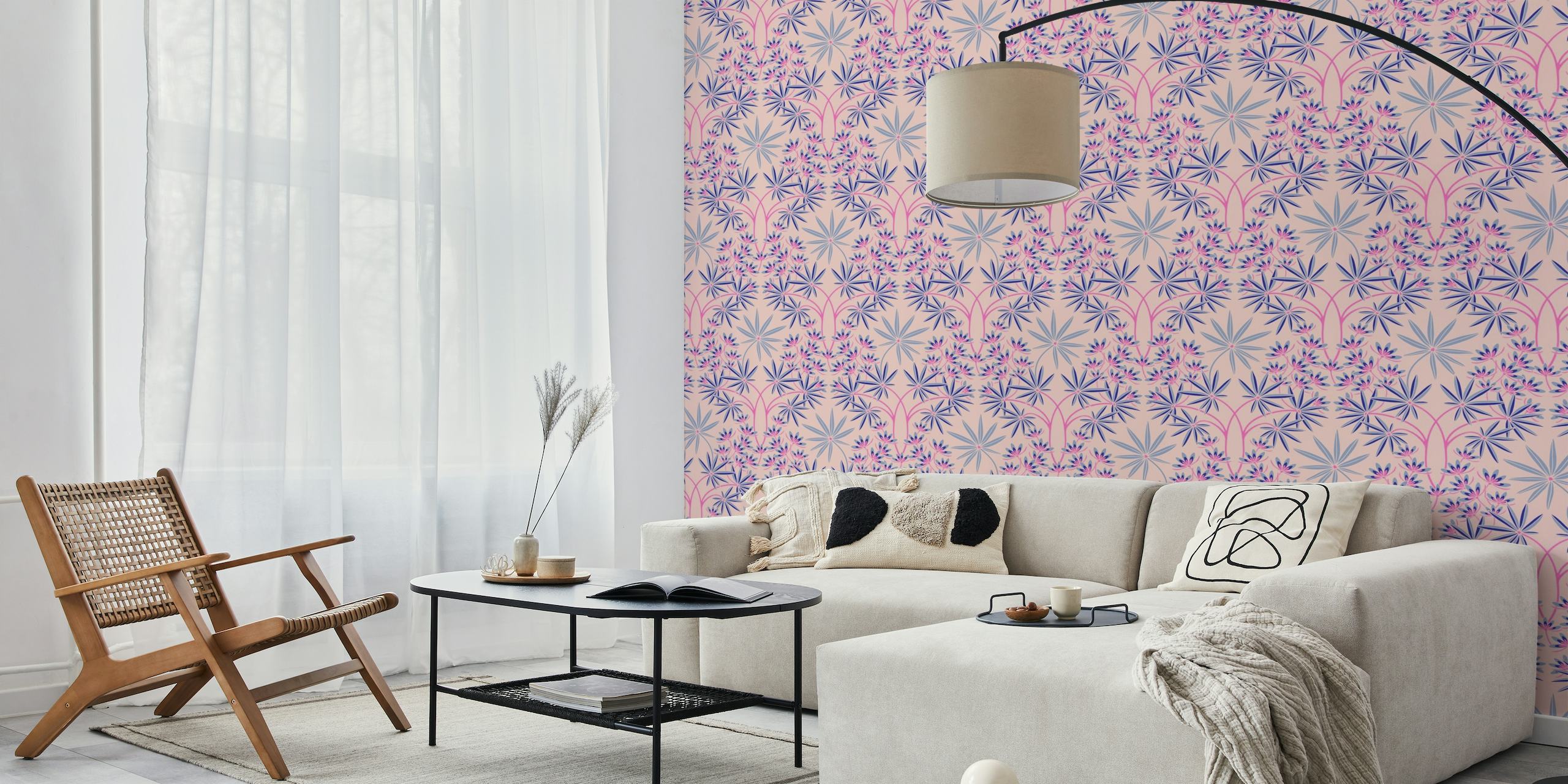 Elegant light pink floral damask wall mural with subtle blue accents for home decor