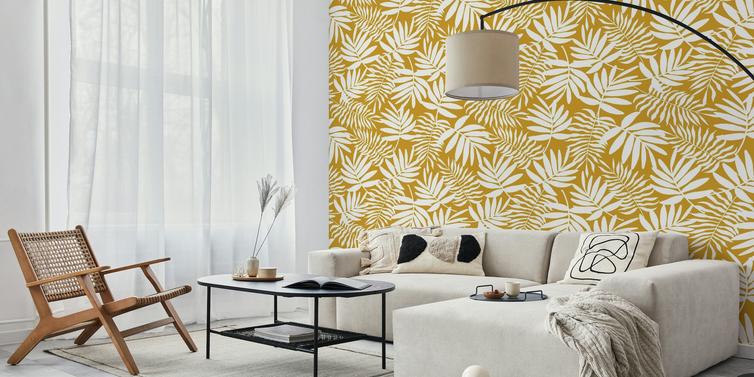 White palm leaves on mustard (big size) behang