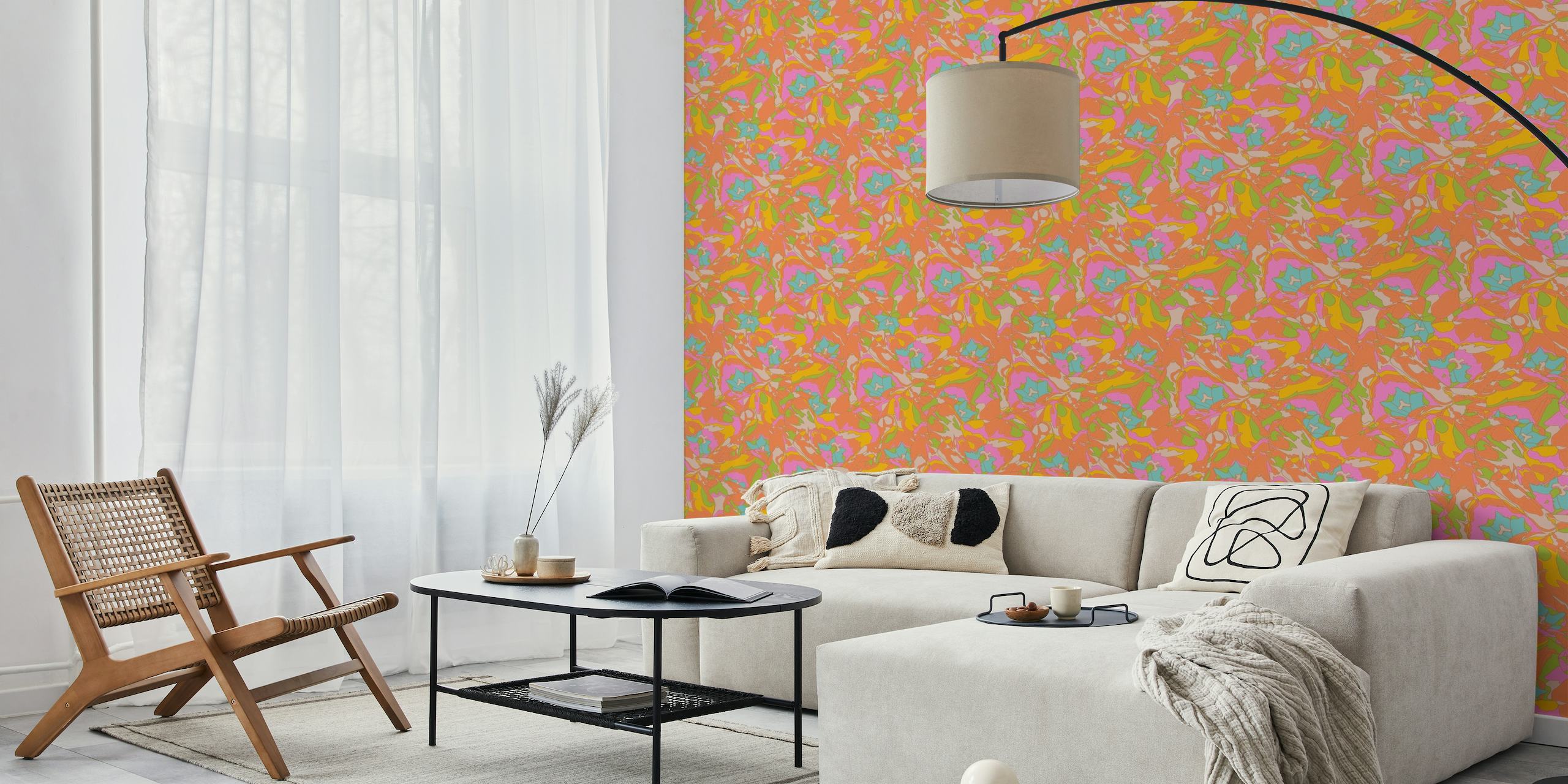 Vibrant 1970s retro-inspired tulip and floral pattern wall mural