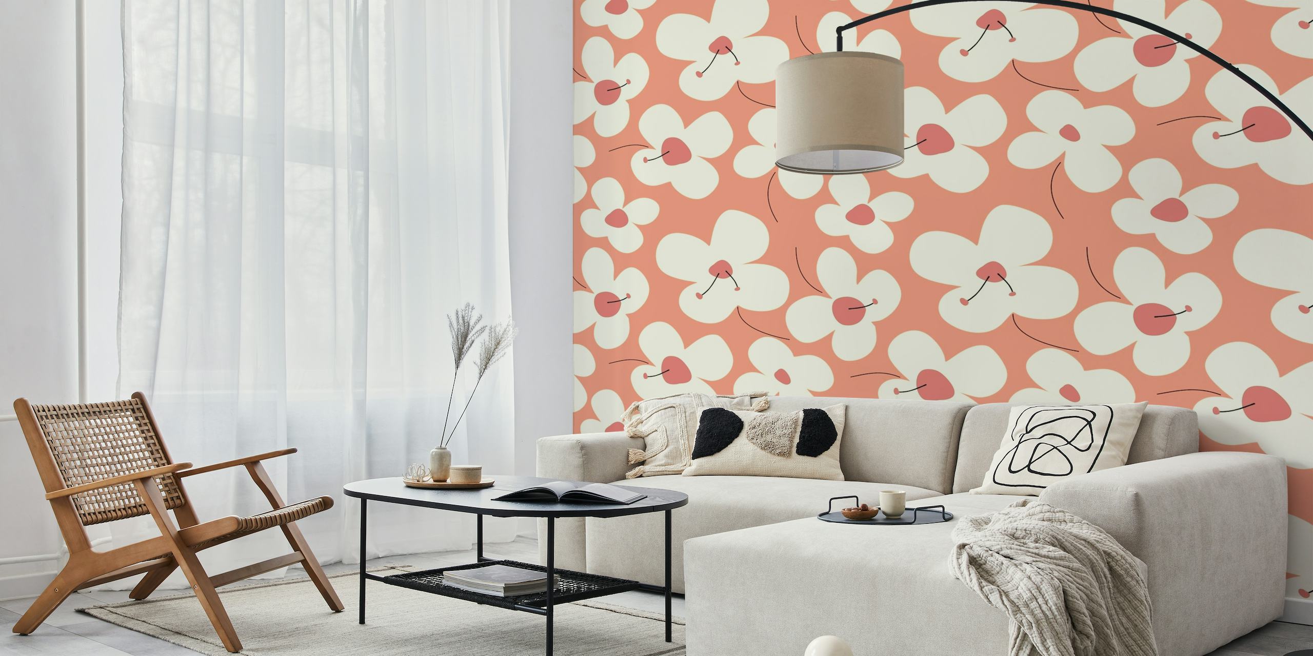 Oversized white flowers on a peach pink background wall mural