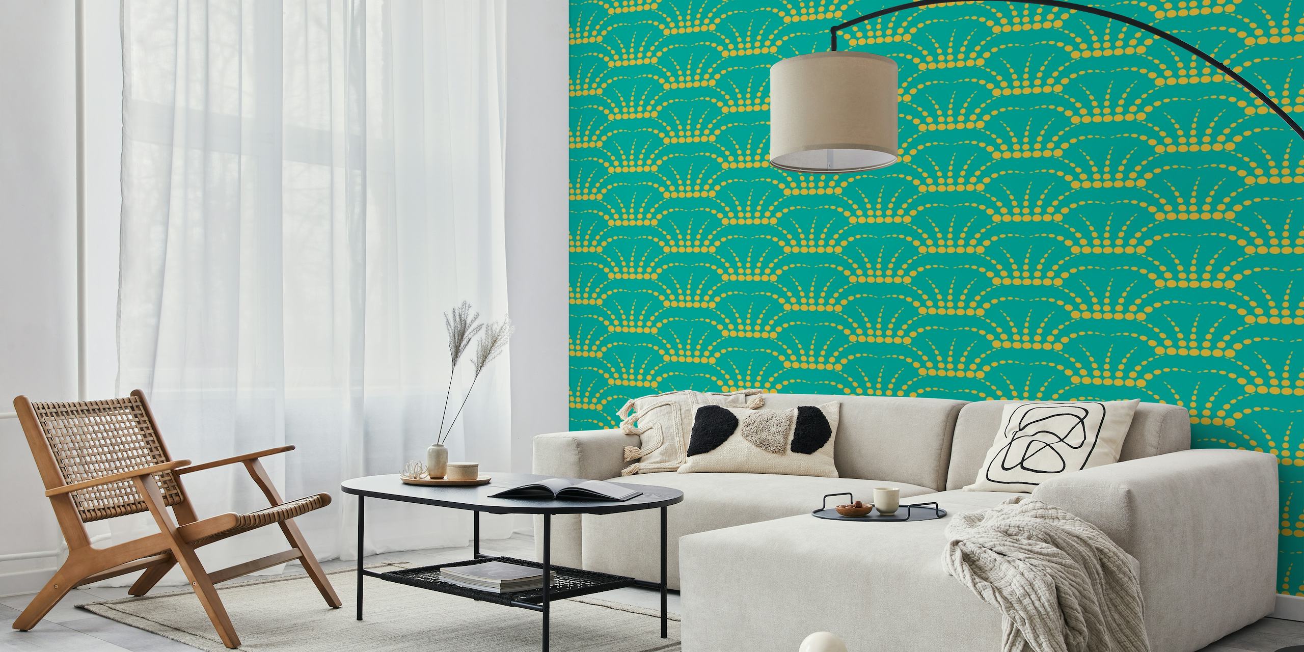 Turquoise retro abstract mural with fountain dot pattern