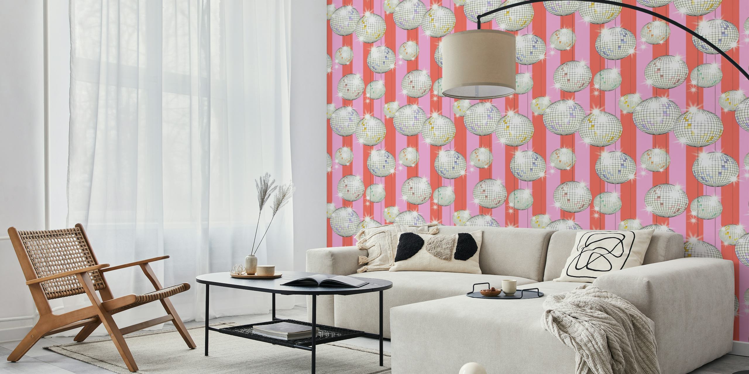 Pink-striped wall mural with sparkling disco balls