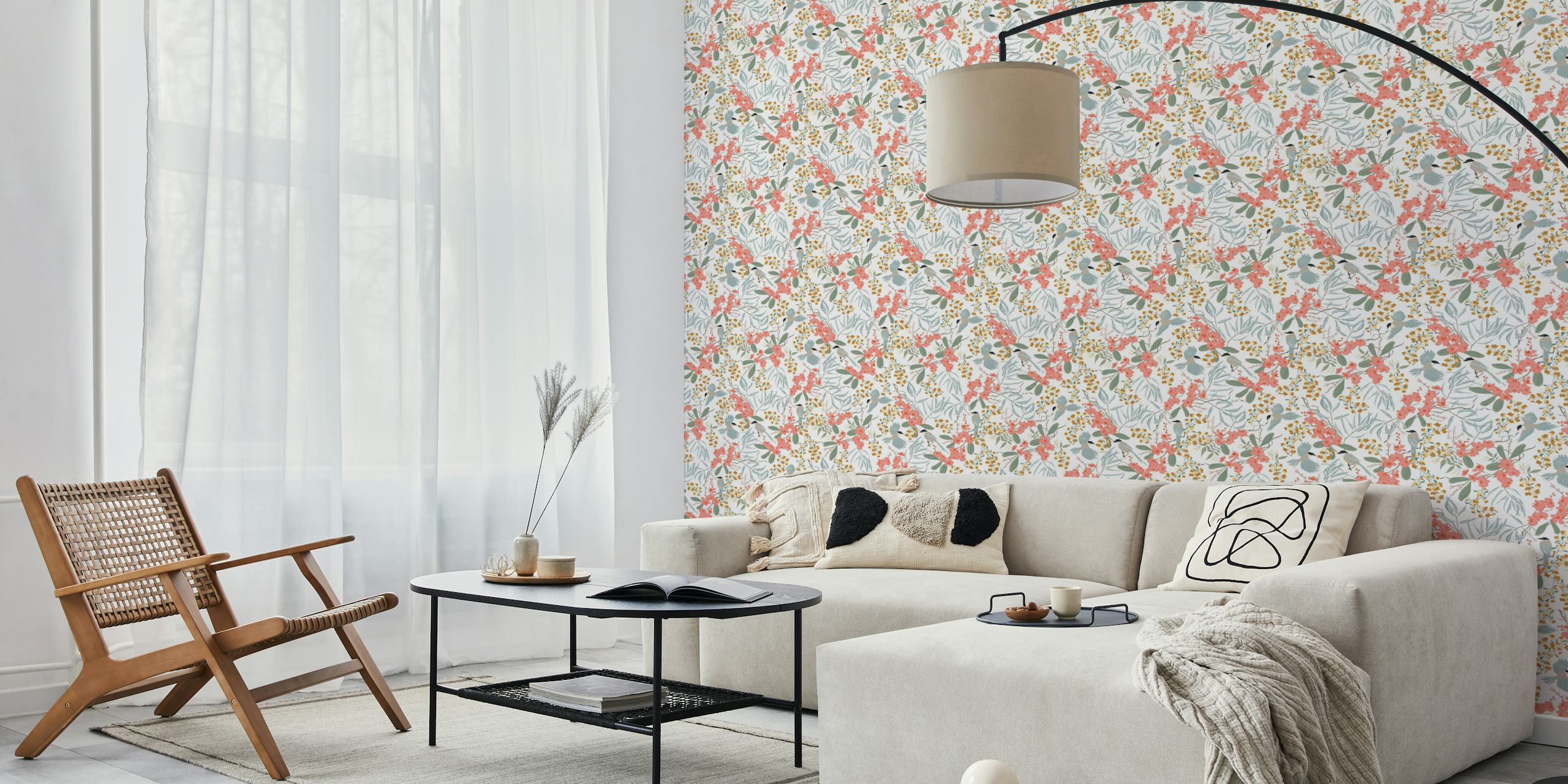 Floral pattern with birds and flowers in pink and green tones wallpaper