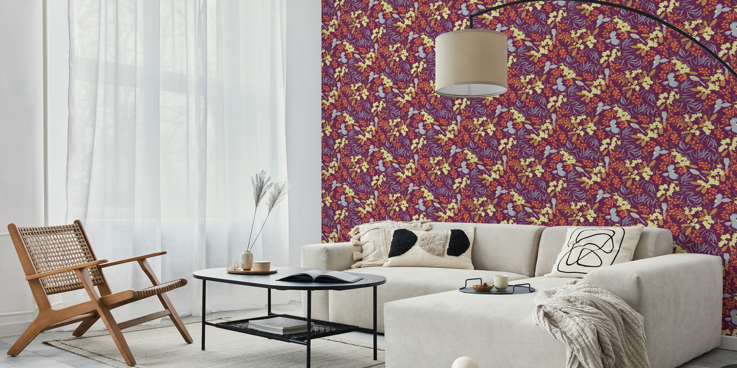 Floral pattern with magpies and bright blooms in deep plum wallpaper