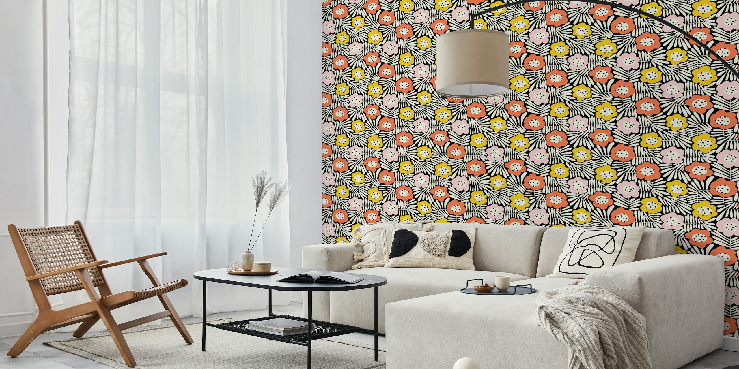 Colorful floral pattern in pink, ochre, and black wallpaper